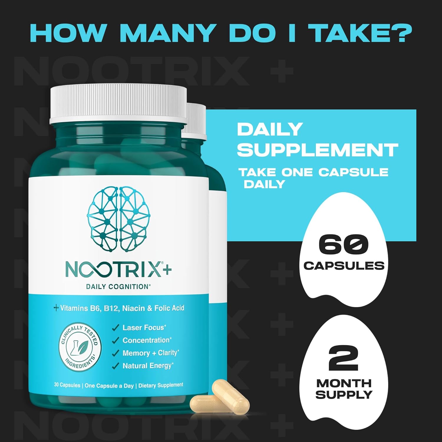 Nootrix Brain Plus Nootropic Supplement | Supports Memory, Mental Focus, Cognitive Health & Energy | Promotes Healthy Mood & Brain Function | Vitamin B1, Vitamin B6 & Vitamin B12 | 60 Capsules