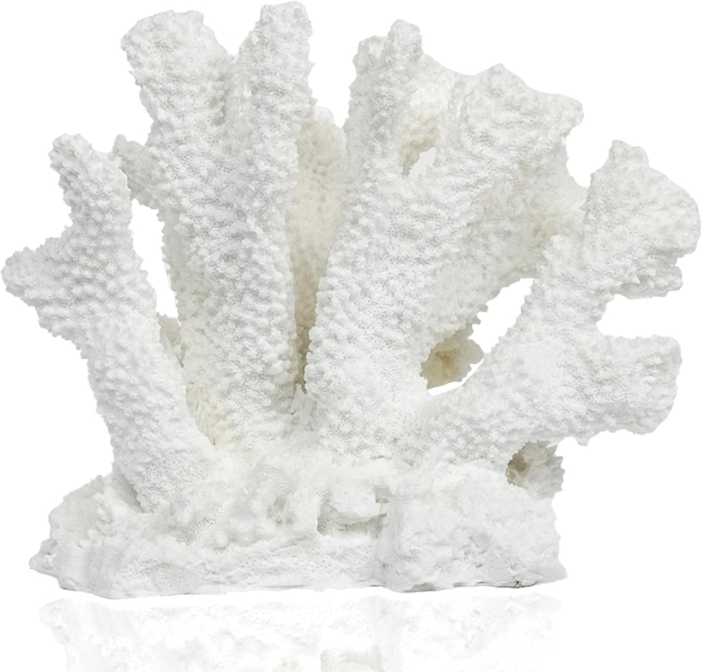 Coral Beach Decor, 7'' High x 8.6'' Width Artificial Resin Coral Reef Statue for Ocean Coastal Beach Nautical Themed Room Bathroom Decor for Home,RB1005W,White
