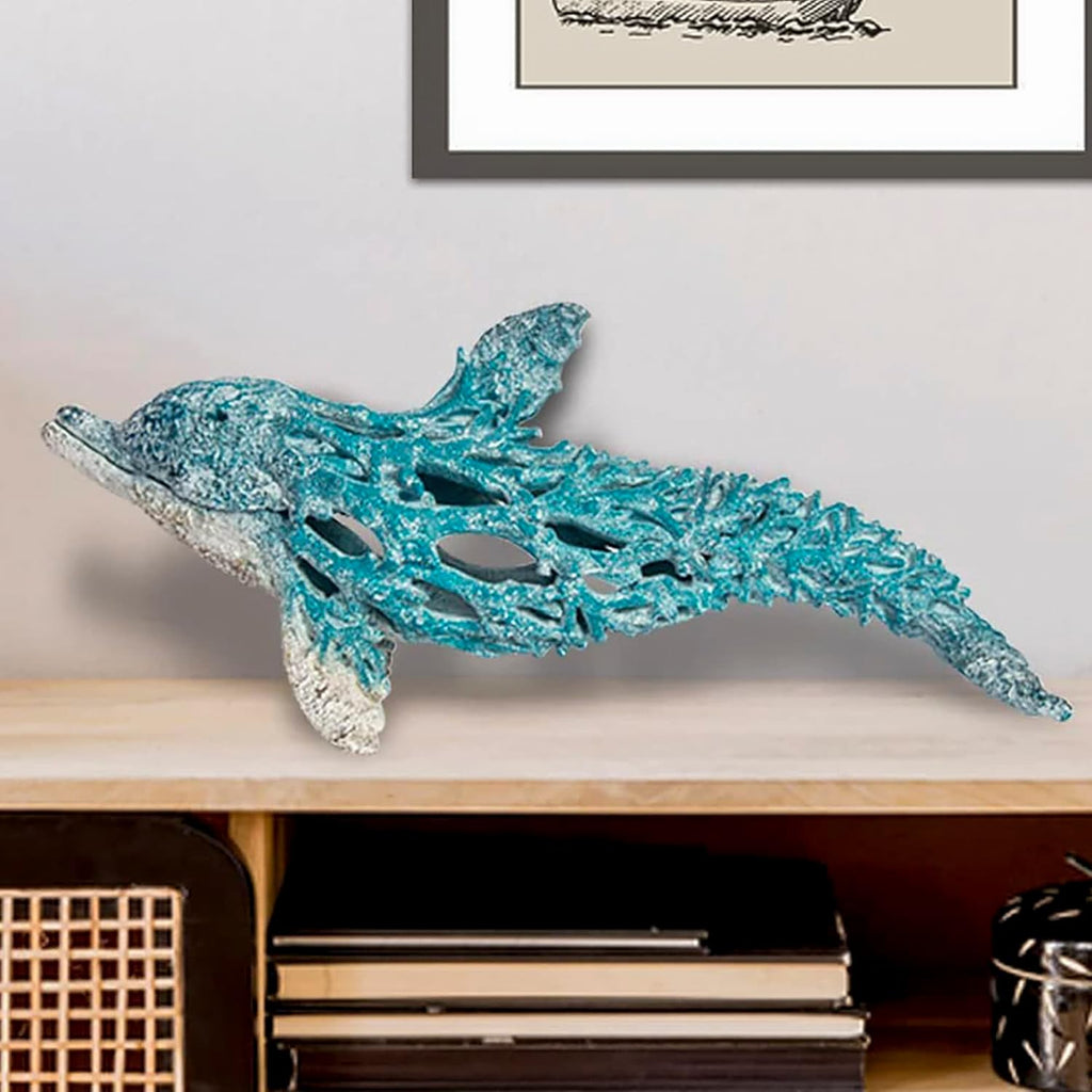 Coral Reef Dolphin Sculpture – 20" Turquoise Polystone Coastal Ocean Decor | Nautical Coral Look Dolphin Figurine for Beach House, Shelf, Mantel, or Tabletop Display