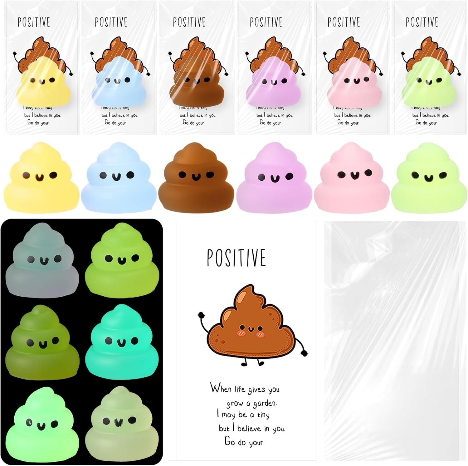 Wettarn 30 Sets Emotional Luminous Stool Stress Ball Gifts Bulk Office Christmas Appreciation Gift Cute Positive Stool Squeeze Inspirational Cards Mini Stress Relief Ball for Coworker Nurse Staff