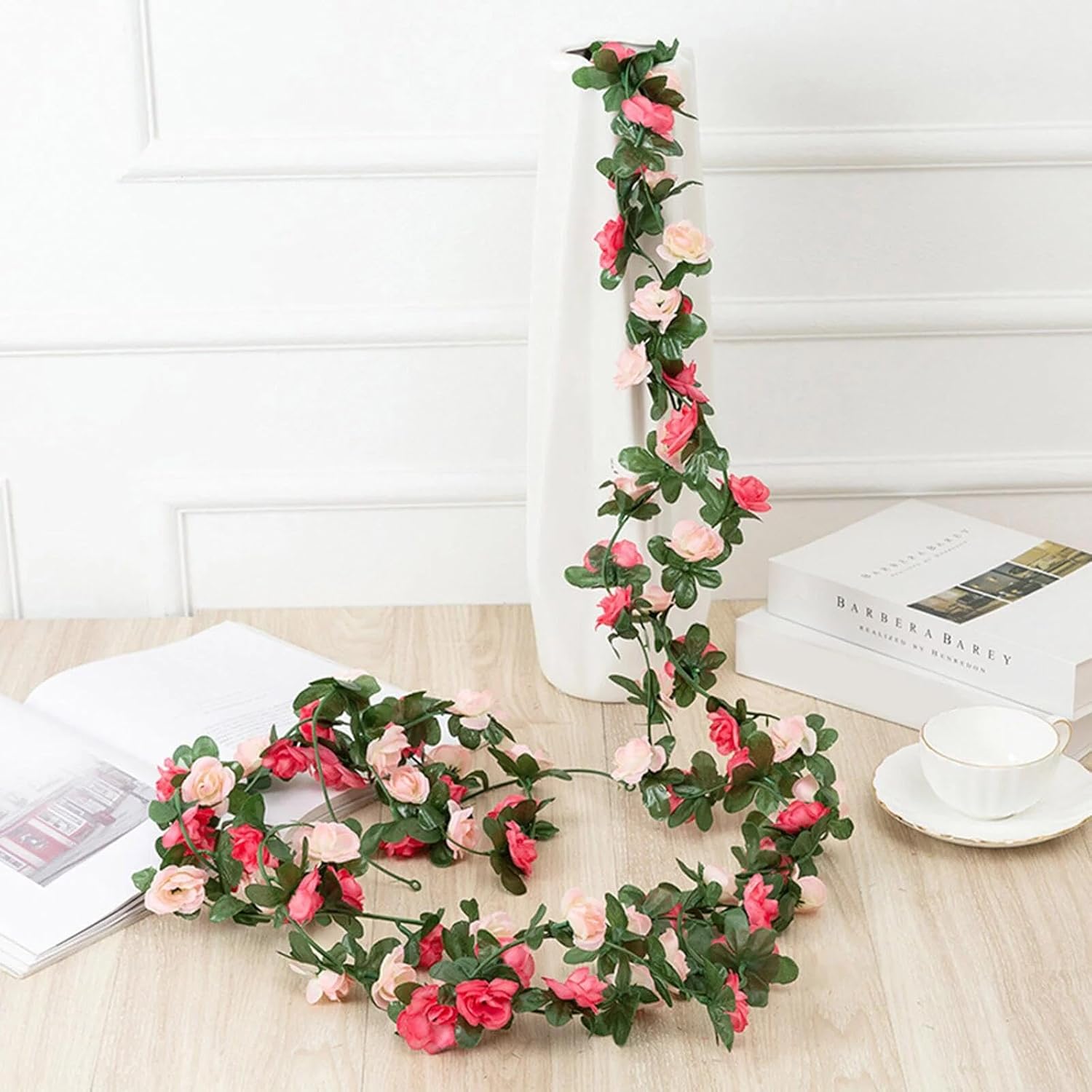 BLEUM CADE 5Pcs 41Ft Flower Garland Artificial Rose Vines with 32.8Ft String Lights, Cute Fake Hanging Flower Vines Floral Garland Decorations for Wedding Party Wall Room Decor Aesthetic