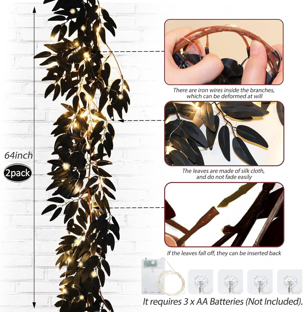 RECUTMS Artificial Black Willow Leaves Vine Twigs Whit Light 2Pcs 5.7Ft Fake Hanging Black Halloween Garland Faux Silk Willow Leaf Ivy Indoor Outdoor Jungle Autumn Wreath Halloween Party Decor
