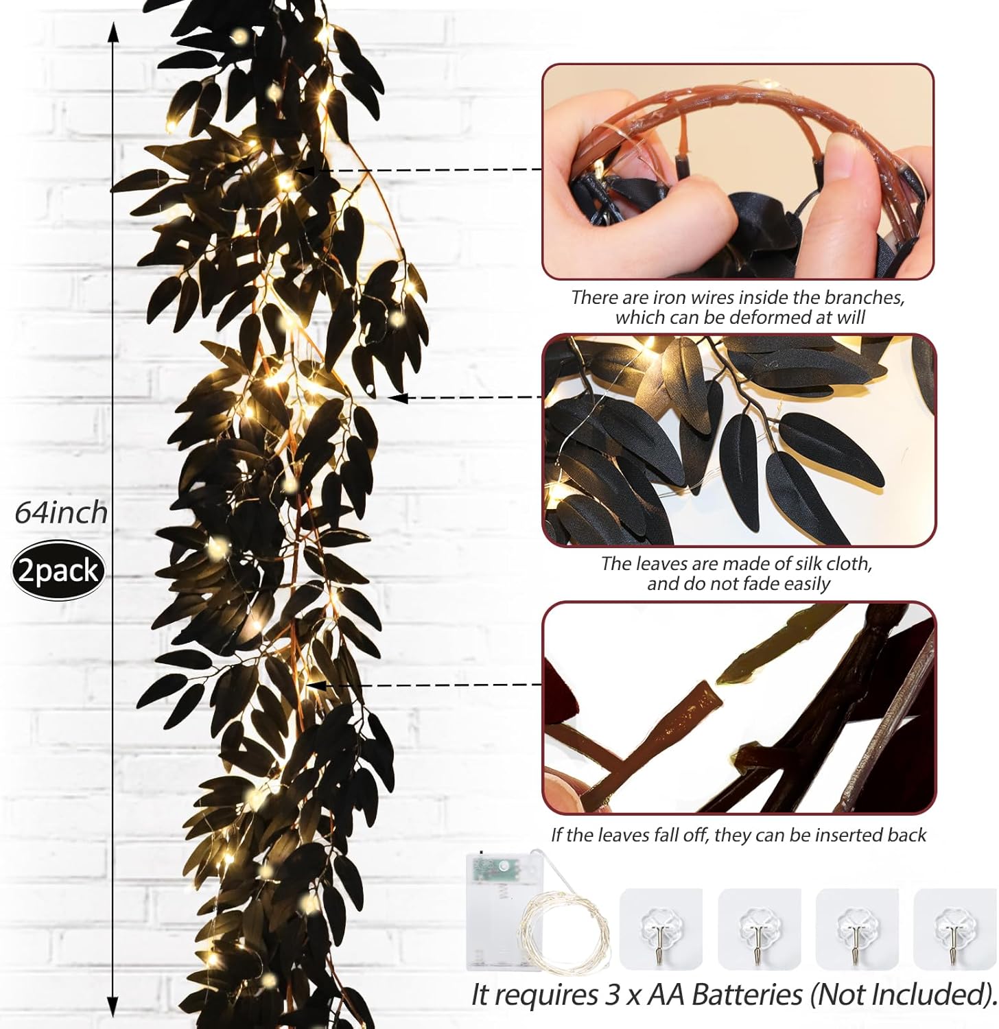 RECUTMS Artificial Black Willow Leaves Vine Twigs Whit Light 2Pcs 5.7Ft Fake Hanging Black Halloween Garland Faux Silk Willow Leaf Ivy Indoor Outdoor Jungle Autumn Wreath Halloween Party Decor