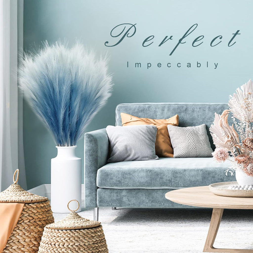 KALYLOC 8Pcs 35.4” Blue Colorful Faux Pampas Grass, Fluffy Artificial Bulrush Branches Boho Decor, Filler Tall Pampas Grass Reed Fluffy Stems for Living Room Wedding Decoration