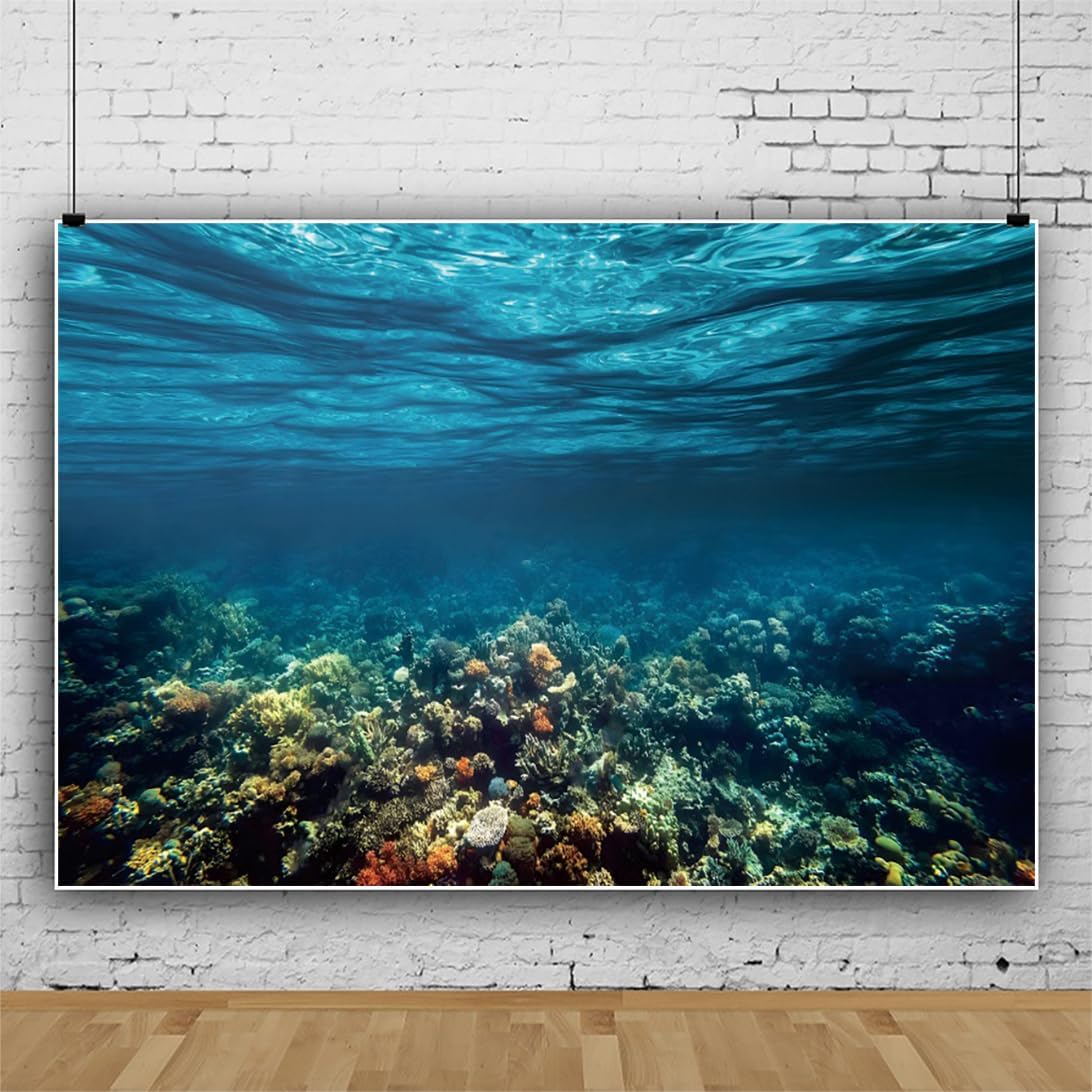 Renaiss 7x5ft Underwater World Backdrop Undersea Sunlight Seascape Photography Background Deep Blue Water Seabed Corals Aquarium Backdrop Ocean Diving Hawaiian Luau Party Banner Photo Booth Props