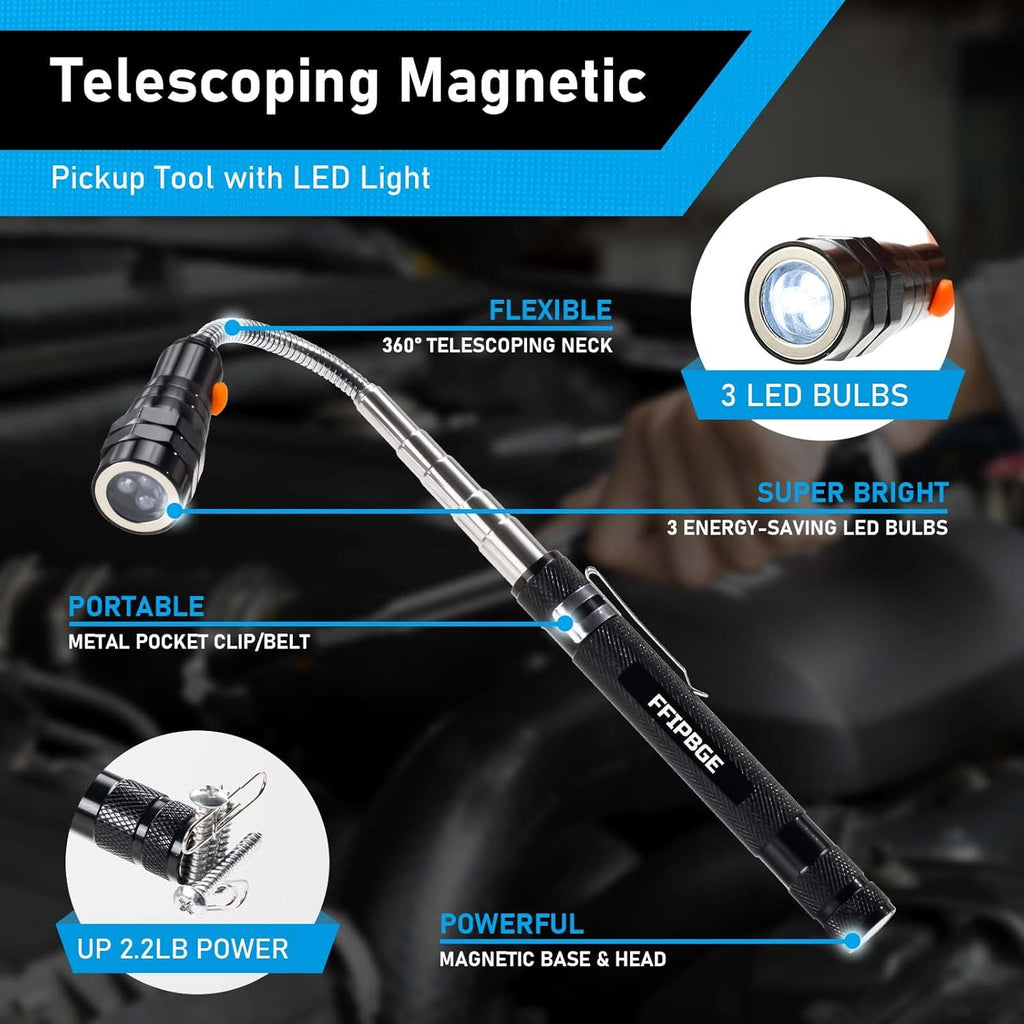 Magnet Pickup Tool with Telescoping Magnetic Flashlight and 6 in 1 Multitool Pen with Rulers, Bubble Level, Screwdrivers, Ballpoint, Christmas Stocking Stuffers for Men Adults, Birthday Gifts for Him