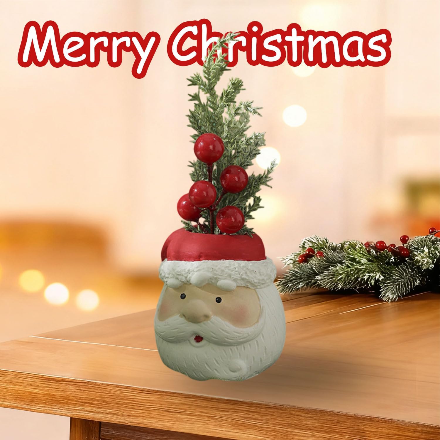 Christmas Tabletop Decorations, Artificial Mini Xmas Tree Decor for Tables Red Berry ＆ Pine Branch with Santa Claus Base Christmas Table Decor for Winter Party Indoor Home Fireplace Mantel Decorations