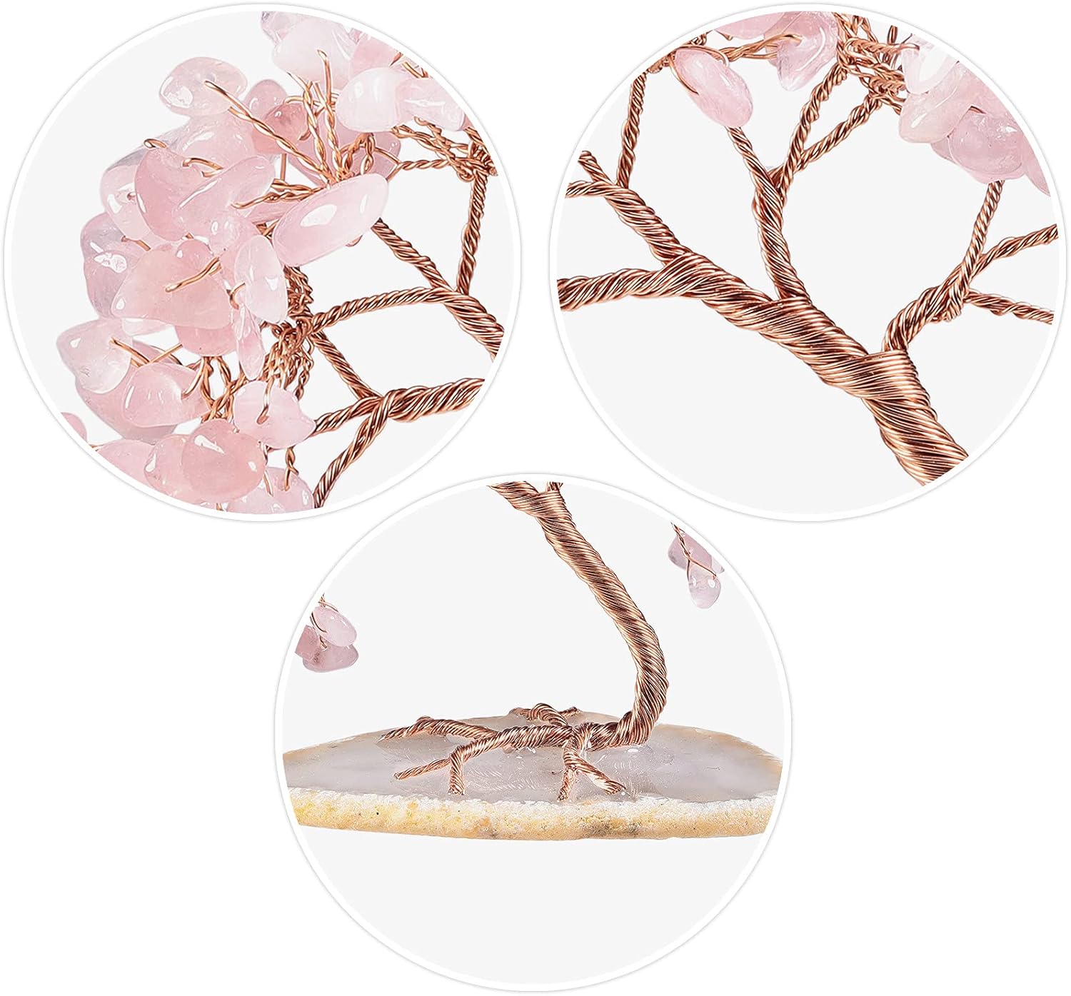 mookaitedecor Natural Rose Quartz Crystal Money Tree Agate Slice Base Feng Shui Bonsai Crystal Tree for Wealth Luck Desk Decor, 3-4 Inch High