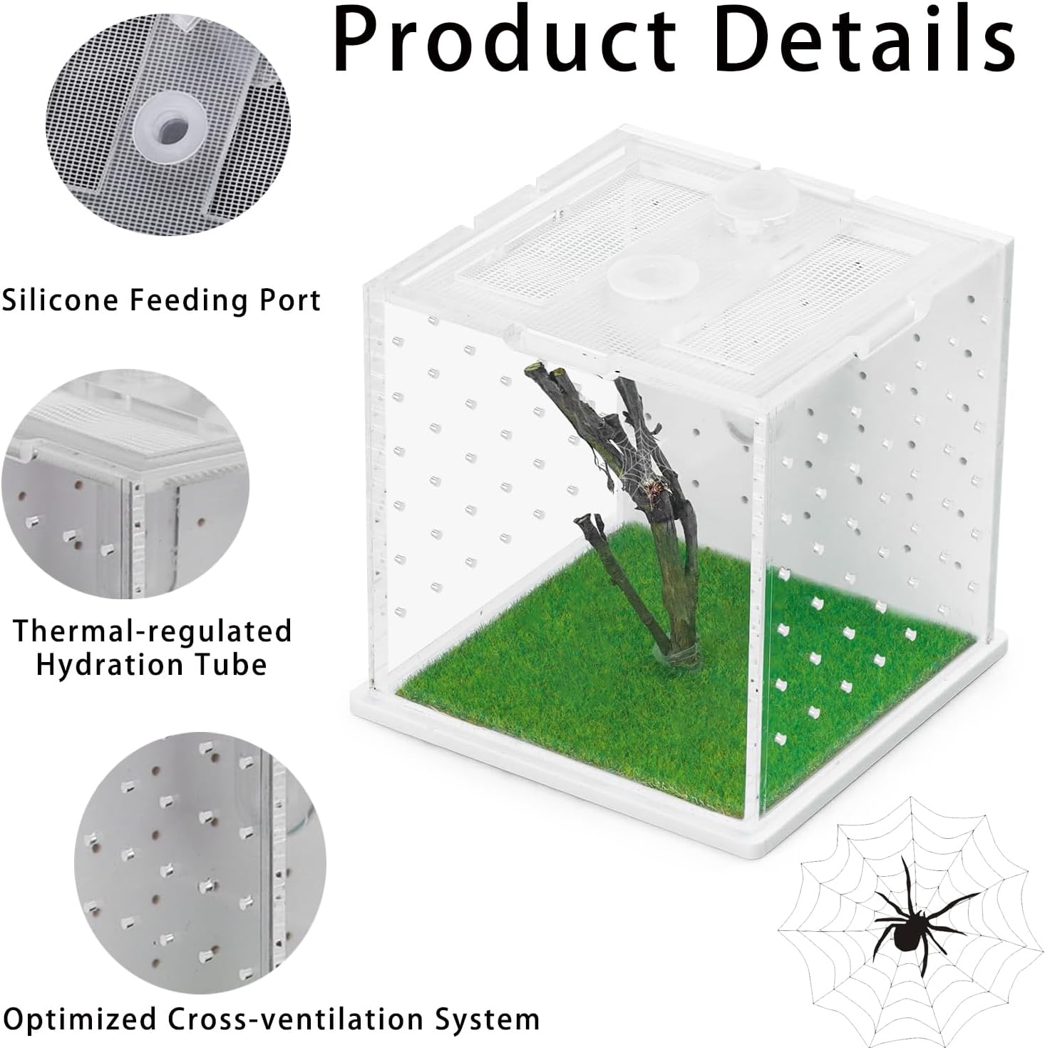 Jumping Spider Enclosure Acrylic Reptile Breeding Tank 2.95x2.95x2.87 Inches, Transparent Tarantula Habitat with Dropper, Feeding Box for Small Insects, Lizards, or Pet Terrarium (Clear)