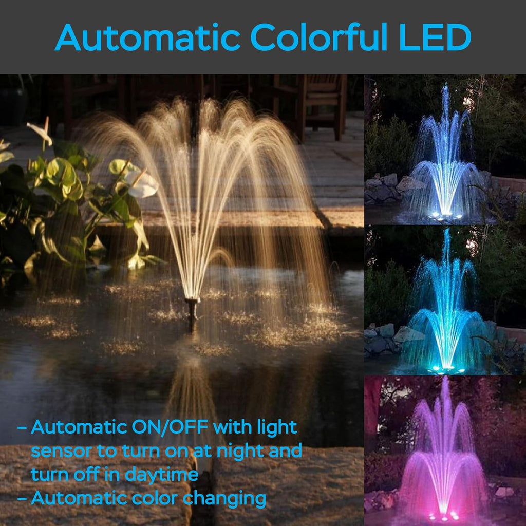 AquaMiracle All-in-One Pond Fountain Kit with Automatic Colorful LED for Outdoor Ponds 200-500 Gal, 550GPH Koi Pond Filter Pump with U - V Light to Tackle Green Water Al-gae, with 3 Spray Patterns