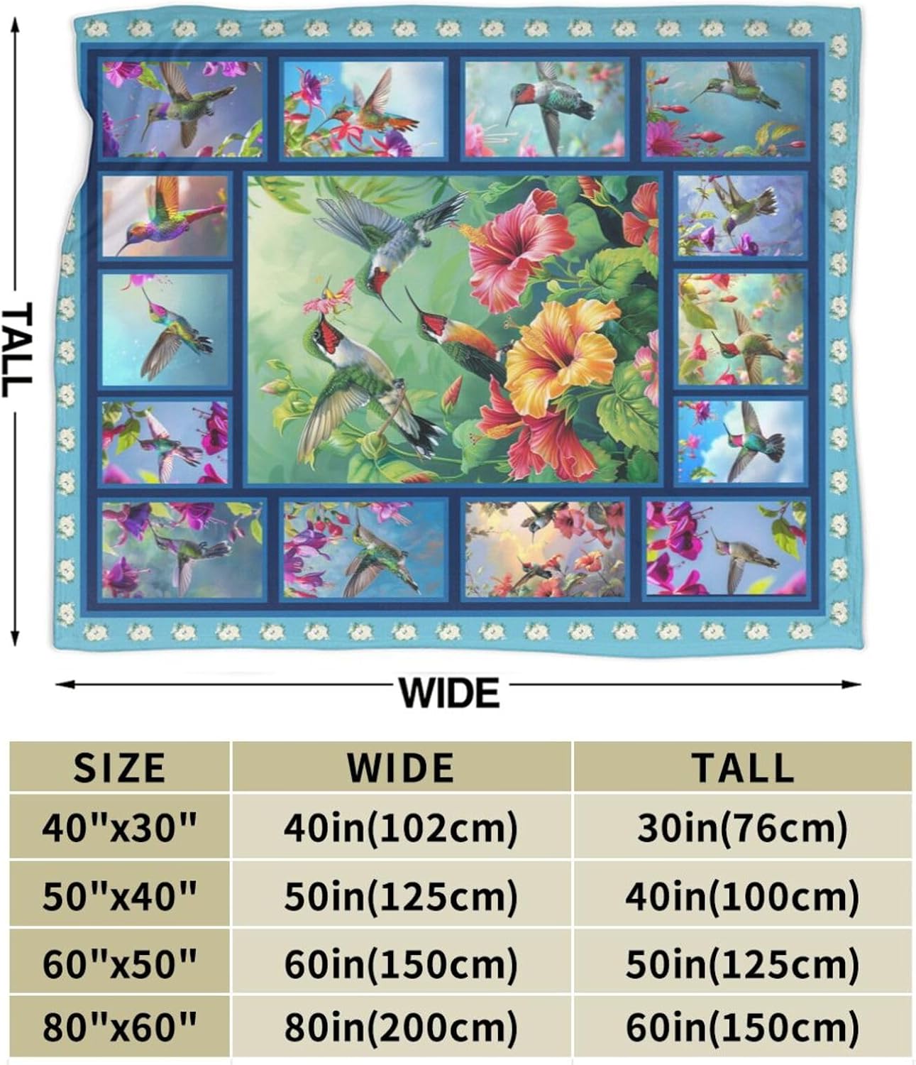 Hummingbird Blanket Hummingbird Throw Blanket Flower Floral Flannel Stuff Merch Cozy Decor Fleece Plush Fuzzy Warm Soft Lightweight Bedding Gifts for Girls Women Men Boy Couch Sofa 80"X60"