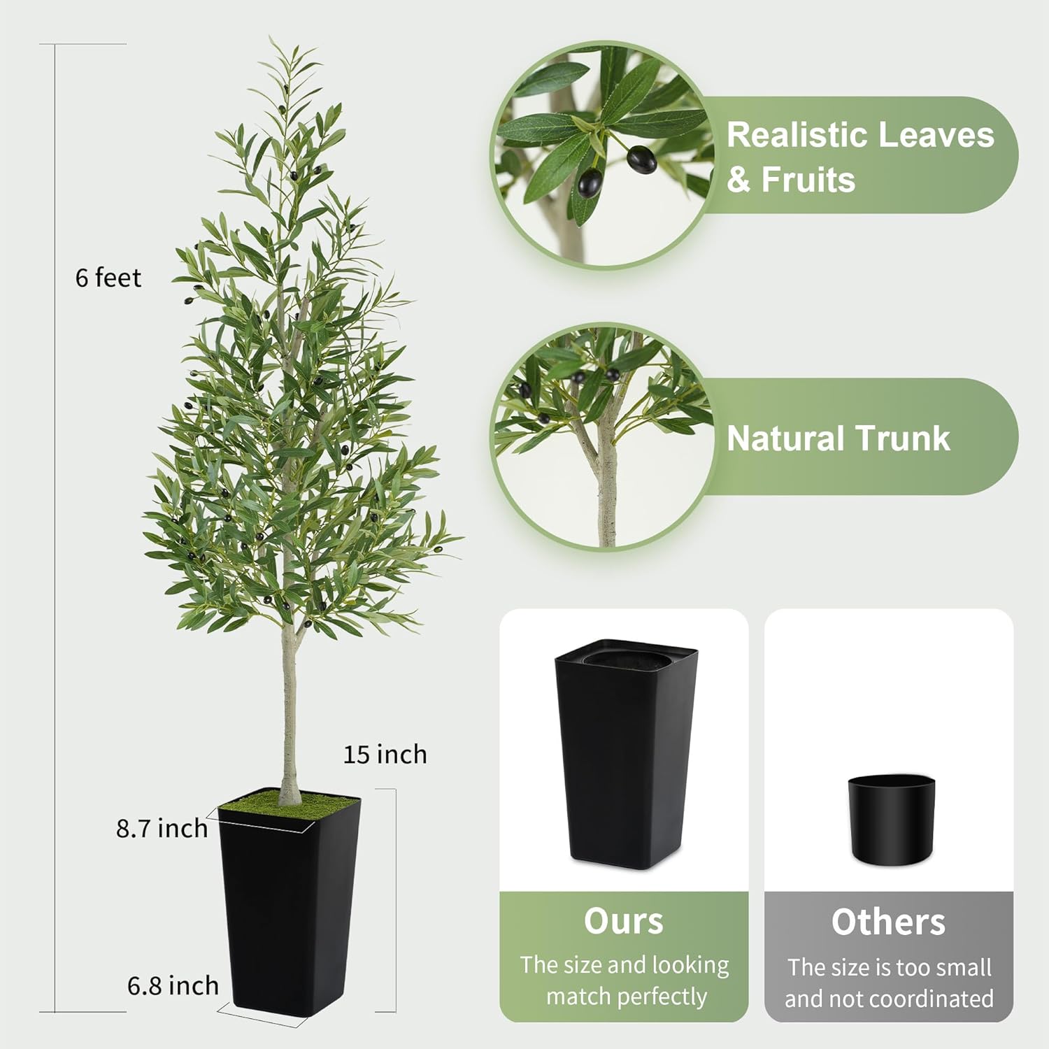 PeoDeco Artificial Faux Olive Tree 6ft Tall Realistic Fake Floor Green Silk House Potted Plants Large for Bedroom Living Room Home Office Decor Indoor Outdoor with Pot