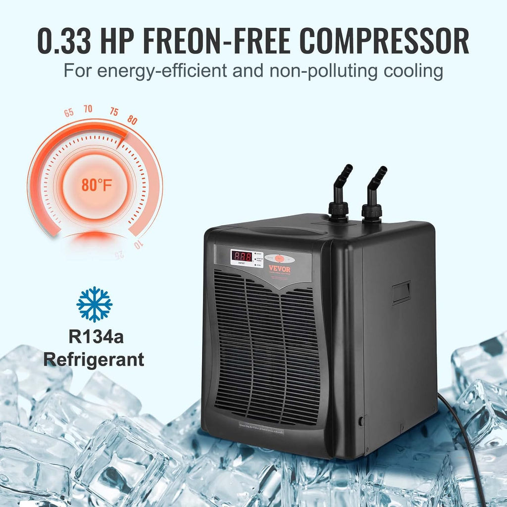 VEVOR Aquarium Chiller, 110 Gal 416 L, 1/3 HP Hydroponic Water Chiller, Quiet Refrigeration Compressor for Seawater and Fresh Water, Fish Tank Cooling System with Pump/Hose, for Jellyfish, Coral Reef