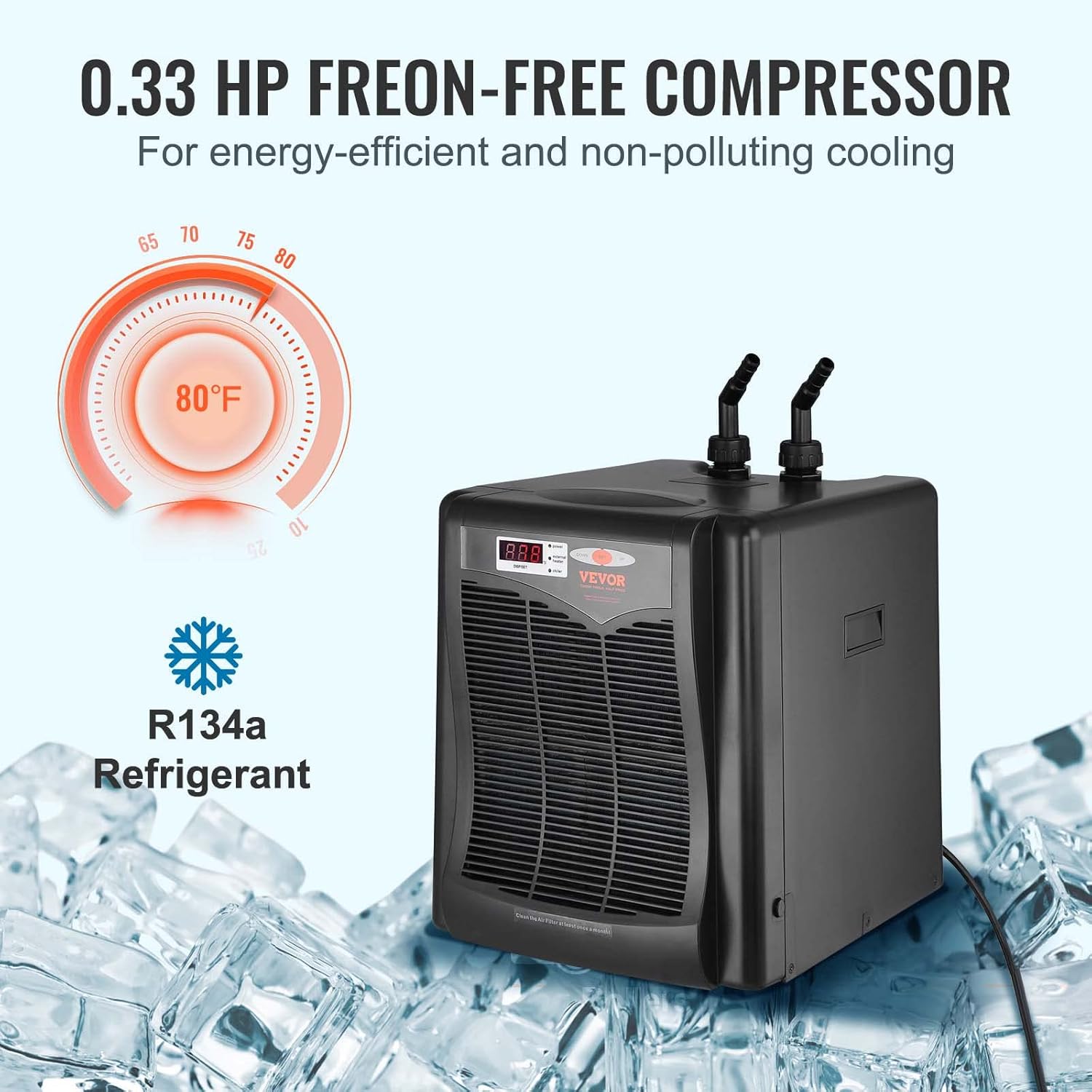 VEVOR Aquarium Chiller, 110 Gal 416 L, 1/3 HP Hydroponic Water Chiller, Quiet Refrigeration Compressor for Seawater and Fresh Water, Fish Tank Cooling System with Pump/Hose, for Jellyfish, Coral Reef