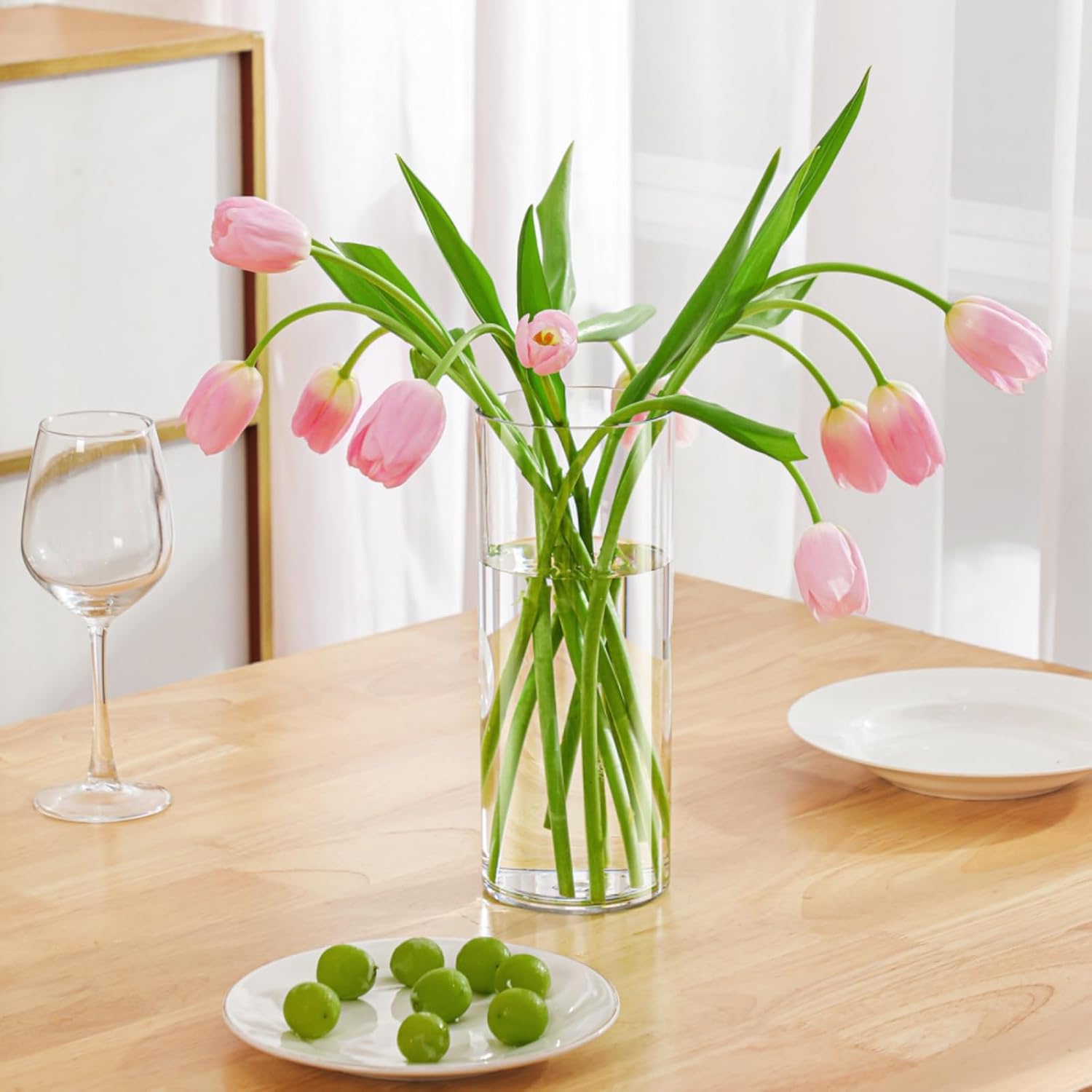 3 Large Acrylic Clear Cylinder Vase Set with 2 Spiral Ikebana Stem Holder Ring, Unbreakable Tall Plastic Hurricane Vases for Wedding Centerpieces Flower Bouquet Decor (3 Vases + 2 Holder)