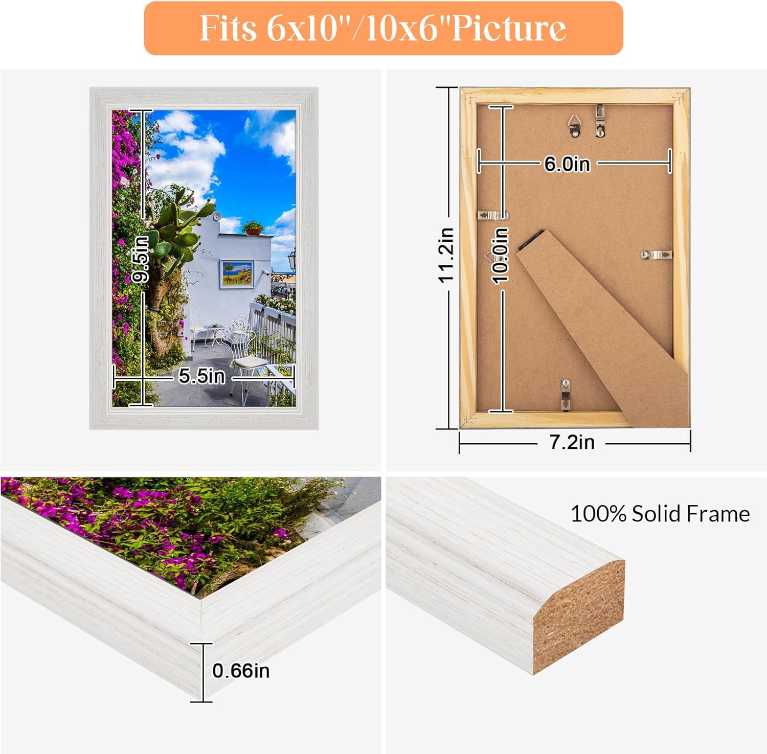 6x10 Wood Frame White, Natural Woodgrain 10x6in Picture Frame, Rustic Wooden 6 x 10 inch Gallery Photo Poster Frame with HD Plexiglass, Horizontal Vertical Wall Mounting Tabletop Display 1Pcs