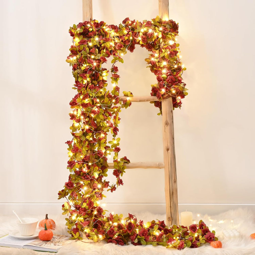 BLEUM CADE 5Pcs 41Ft Flowers Garland Artificial Rose Vines with 32.8Ft String Lights, Cute Fake Hanging Flower Vines Floral Garland Decorations for Wedding Party Wall Room Decor Aesthetic