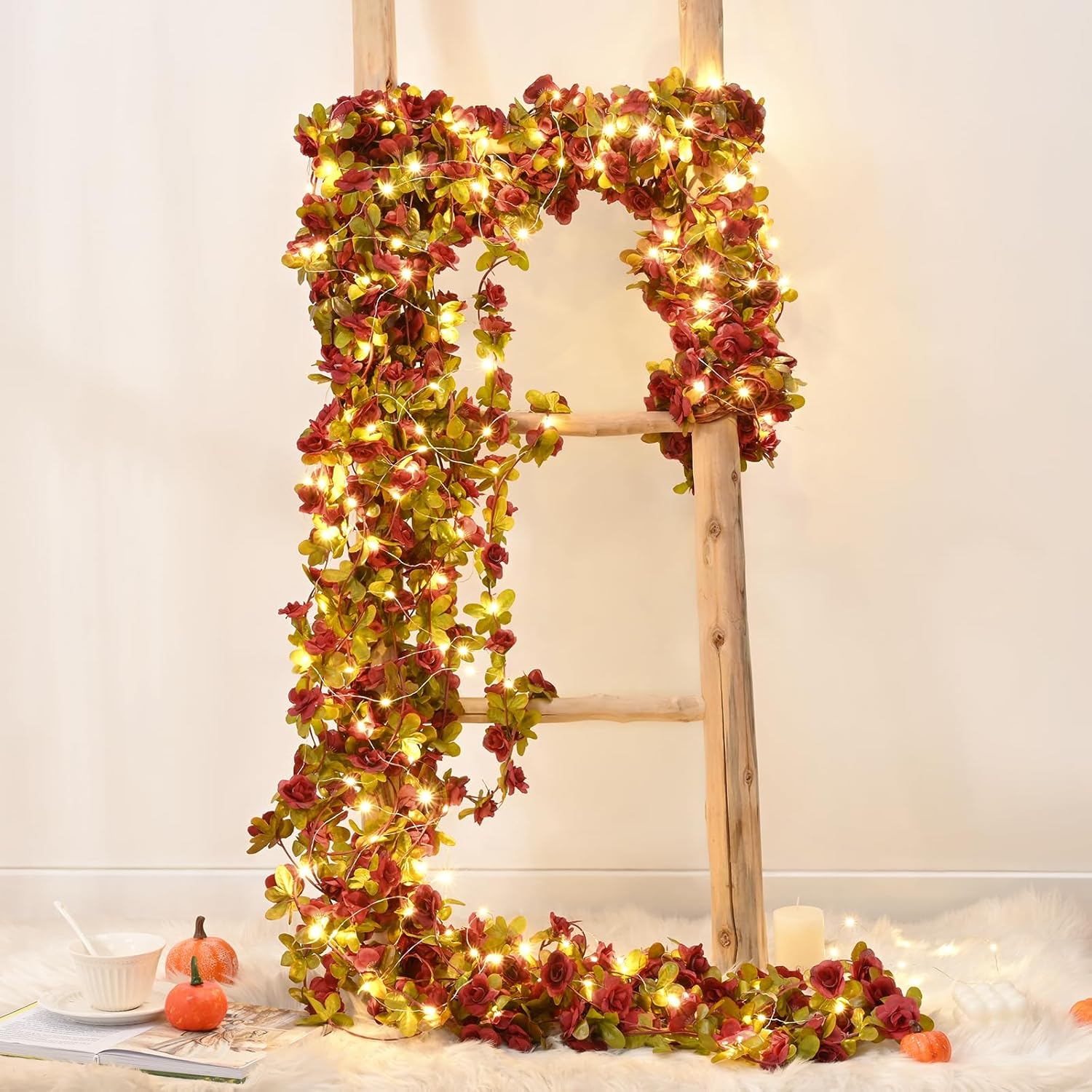 BLEUM CADE 5Pcs 41Ft Flowers Garland Artificial Rose Vines with 32.8Ft String Lights, Cute Fake Hanging Flower Vines Floral Garland Decorations for Wedding Party Wall Room Decor Aesthetic