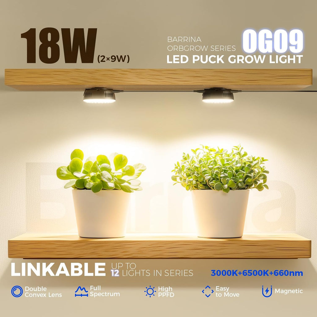 Barrina Orbgrow OG09 Puck LED Grow Light with 660nm Red LEDs, 18W(2 x 9W, 270 Watt Equiv), Plant Lights for Indoor Plants Full Spectrum, Magnetic & Linkable, Small Grow lamp, Seeding, 2 Packs, Black