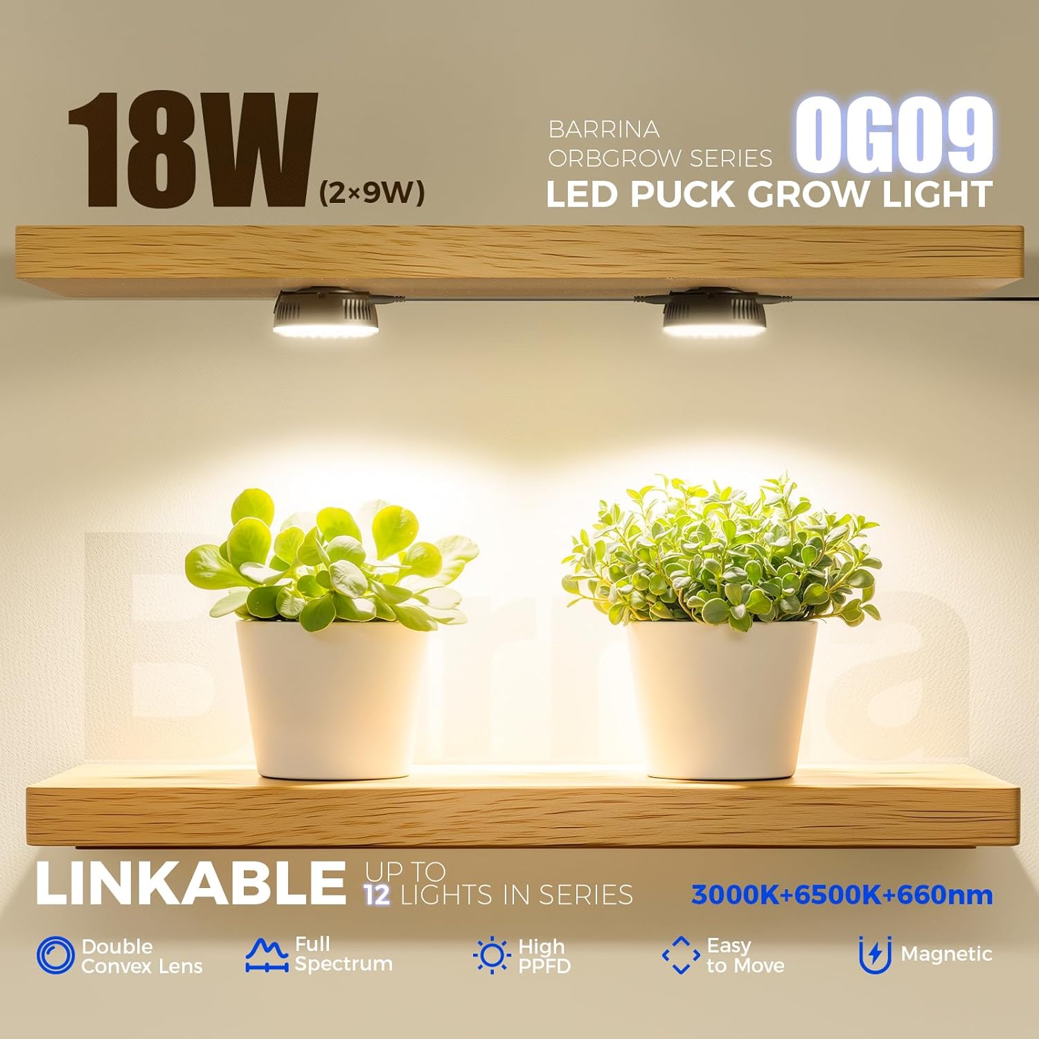 Barrina Orbgrow OG09 Puck LED Grow Light with 660nm Red LEDs, 18W(2 x 9W, 270 Watt Equiv), Plant Lights for Indoor Plants Full Spectrum, Magnetic & Linkable, Small Grow lamp, Seeding, 2 Packs, Black