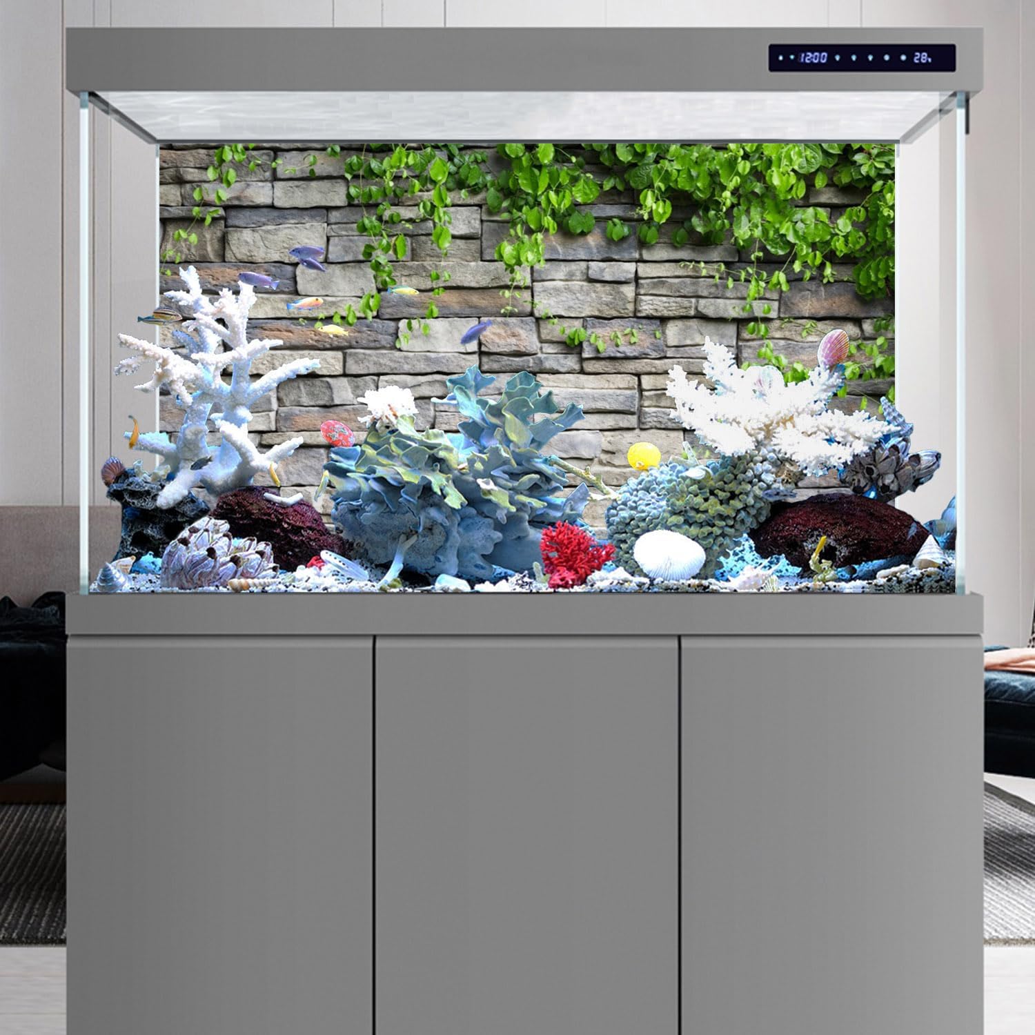 AWERT Vinyl 30x12 inches Stone Brick Wall Aquarium Background Rock Fish Tank Background Spring Leaves Terrarium Background
