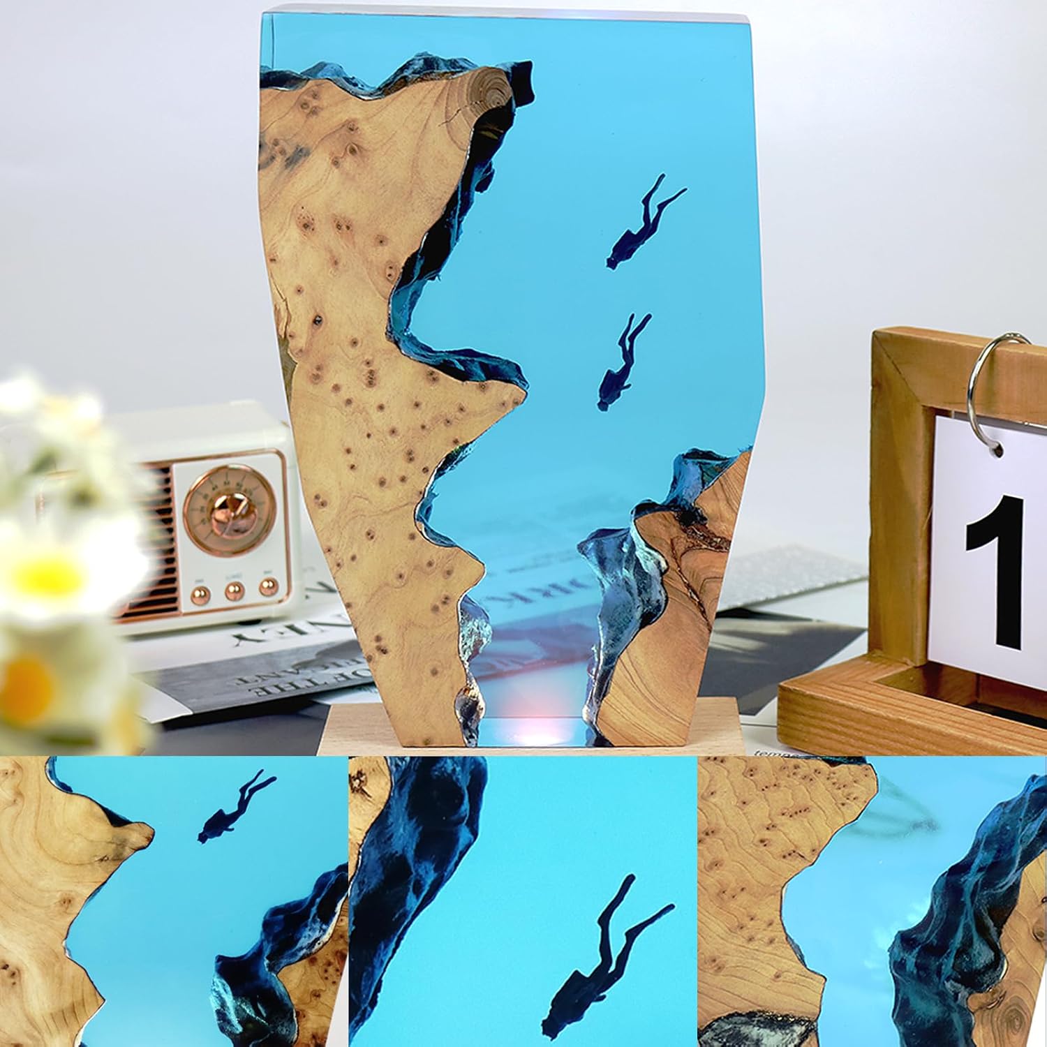 Epoxy Resin Lamp, Ocean Night Light,Artistry Home Decor Bedside Nightlight, Unique Resin Lighting, Nightstand Decorations for Bedroom, Suitable for Holidays(Two Divers)