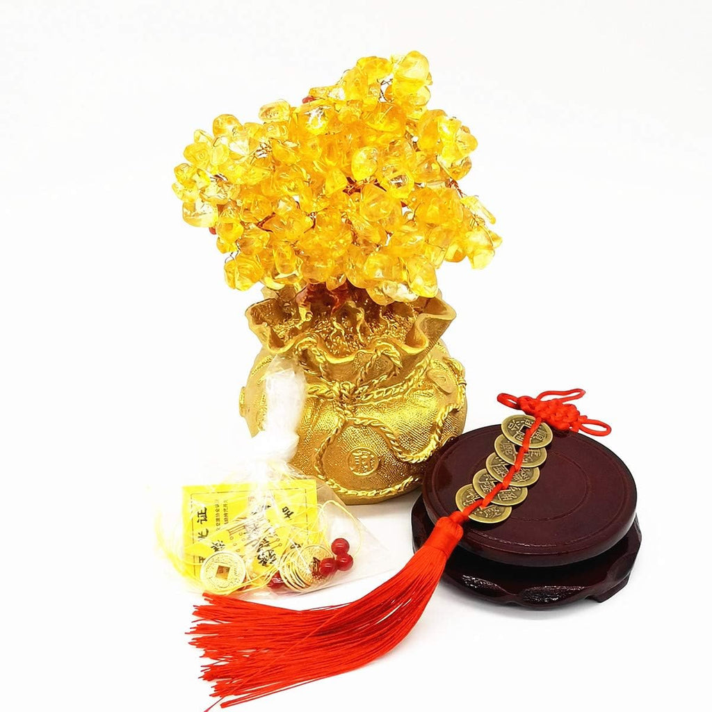 Feng Shui Yellow Quartz Crystal Tree, Bonsai Style Money Trees Decoration for Luck and Wealth (Purse)