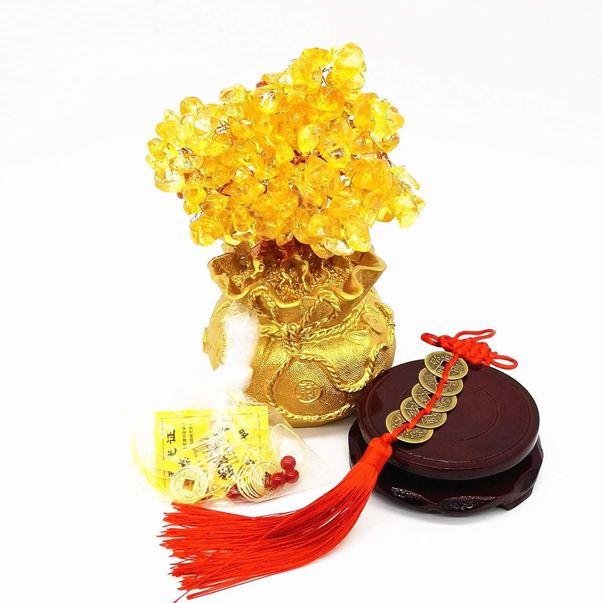 Feng Shui Yellow Quartz Crystal Tree, Bonsai Style Money Trees Decoration for Luck and Wealth (Purse)