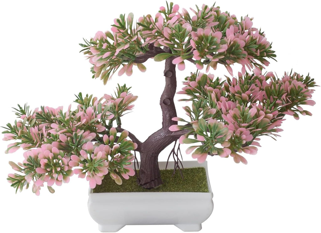 Mini Artificial Bonsai Tree Fake Plants - Artificial Plant Welcome Pine Treewith Plastic Cement Pots for Home Office Décor (Pink)