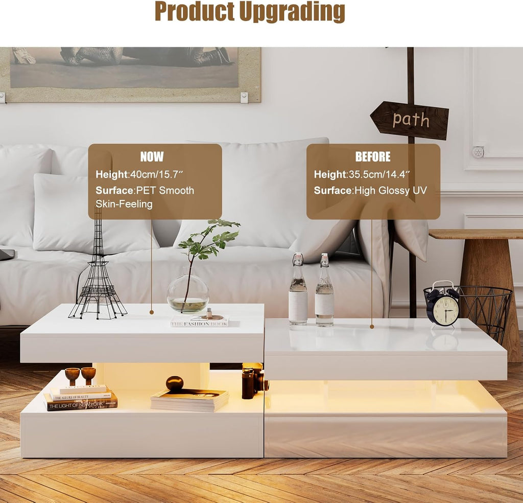 White LED Coffee Table for Living Room, Living Room Table 2-Tier Square Middle Center Table, Modern Coffee Tables with Storage, Wood Tea Tables for Dining Reception, Skin Feeling
