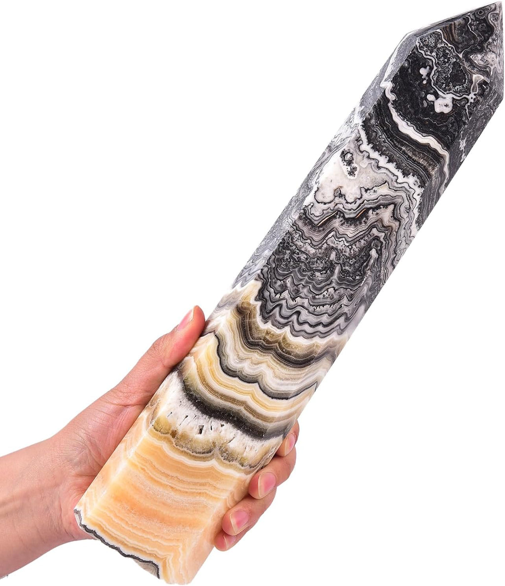 JIC Gem Extra Large Black and Yellow Calcite Healing Crystal Tower Wand 6 Faceted Quartz Crystals Obelisk Tower Points Crystals Decor Gift Reiki Chakra 4.0-4.4 Lbs