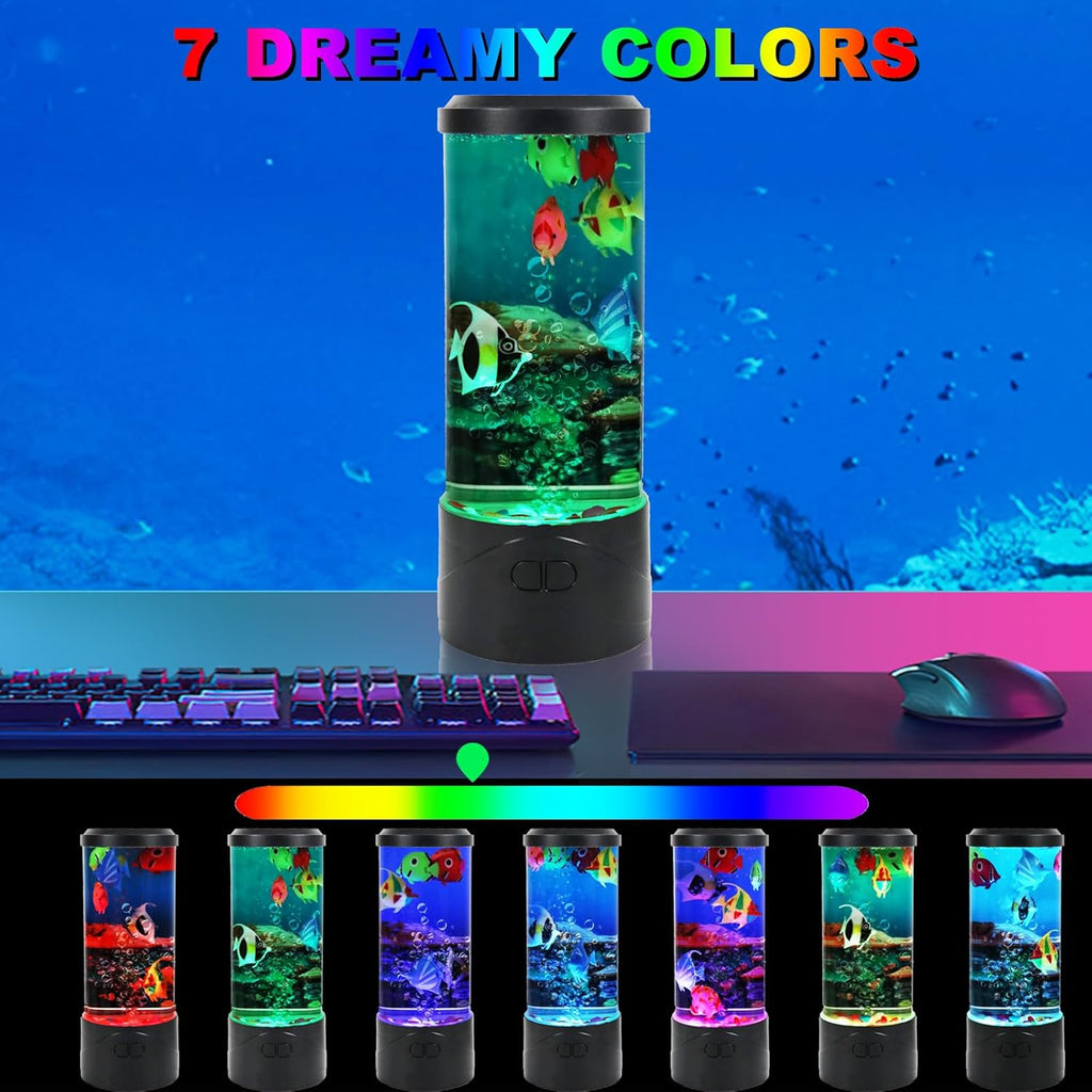 Toycol Bubble Aquarium Lamp | Fish Lamp Kit with 6 Fake Swimming Fish | Sensory Night Light with Energy-Safe USB Powered | 7 Color Changing Mood Light for Kids Bedroom, Desk, Office Decor and Gifts