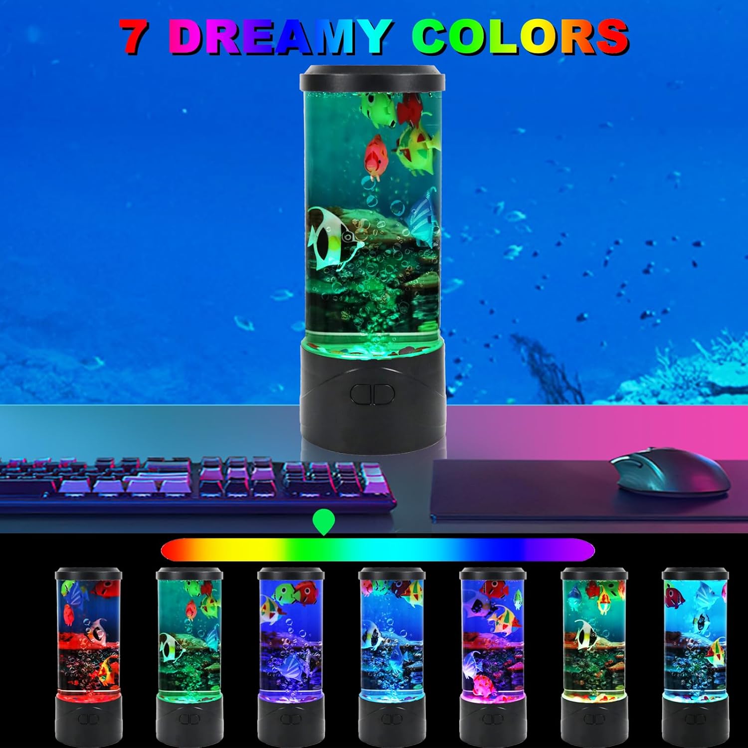 Toycol Bubble Aquarium Lamp | Fish Lamp Kit with 6 Fake Swimming Fish | Sensory Night Light with Energy-Safe USB Powered | 7 Color Changing Mood Light for Kids Bedroom, Desk, Office Decor and Gifts