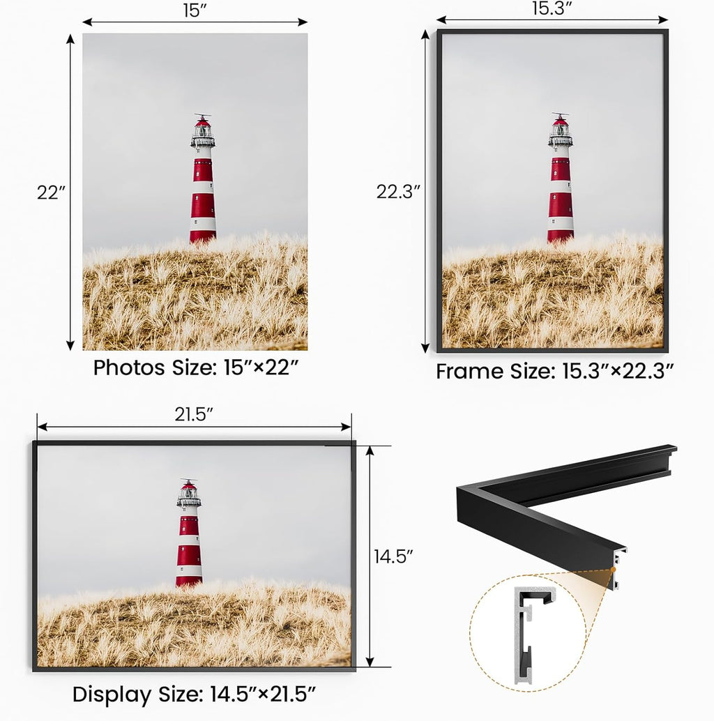 15x22 Aluminum Metal Picture Frame,Tempered Glass Black Photo Frame 15x22 for Family Photo,Posters,Art,Document to Wall Mount Horizontally or Vertically