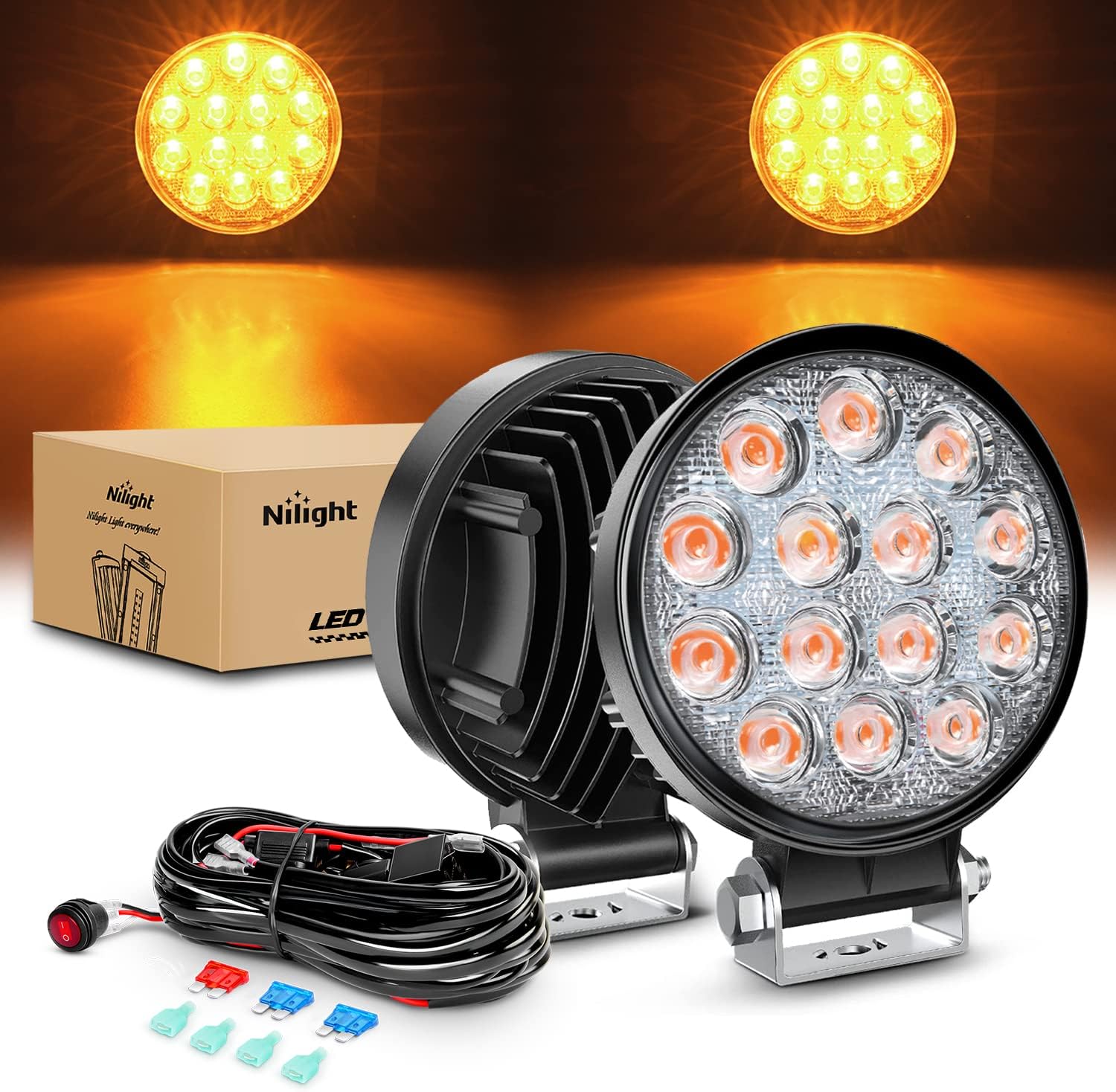 Nilight 4.5Inch 42W 4200LM Amber LED Light Pods Round Flood Lights for Off Road, Roof & Fog - 16AWG Wiring Harness Kit-2 Leads