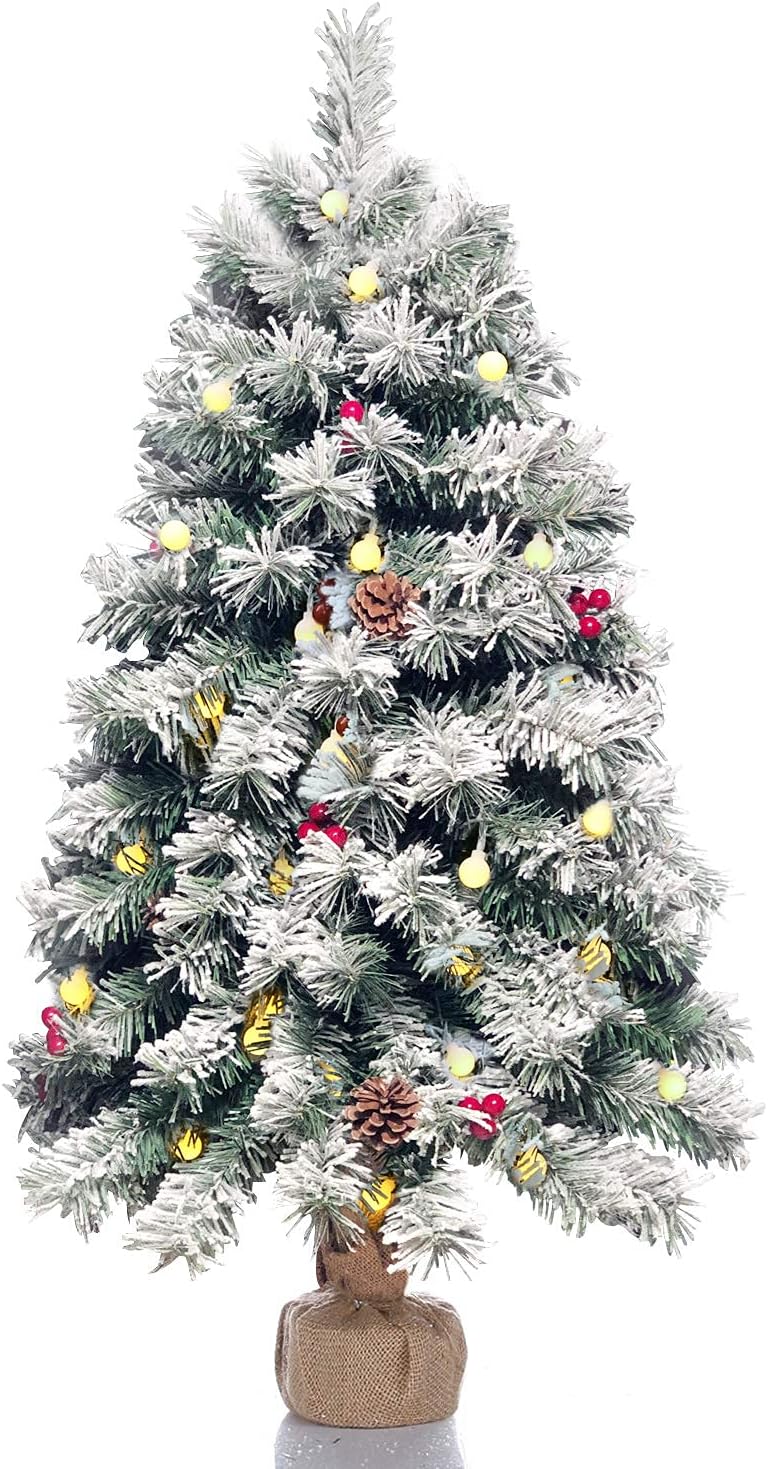 Pre-Lit Artificial Christmas Tree 3ft,Snow Flocked Xmas Pine Tree Decorated with 70 LED Lights,140 Branch Tips,7 Pine Cones,10 Red Berries Christmas Snow Tree for Desktop,Battery Powered