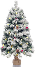 Pre-Lit Artificial Christmas Tree 3ft,Snow Flocked Xmas Pine Tree Decorated with 70 LED Lights,140 Branch Tips,7 Pine Cones,10 Red Berries Christmas Snow Tree for Desktop,Battery Powered