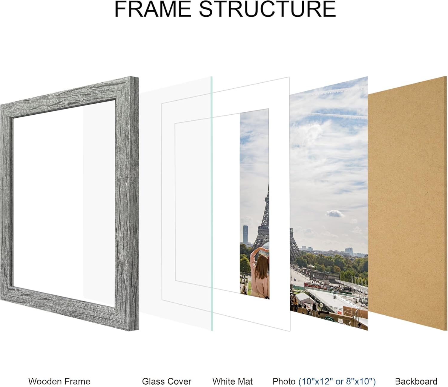 10x12 Picture Frame Set of 4, Made of Real Glass and Grey Frame - Display Picture 8x10 with Mat or 10x12 Without Mat, 10 by 12 Photo for Wall Mounting