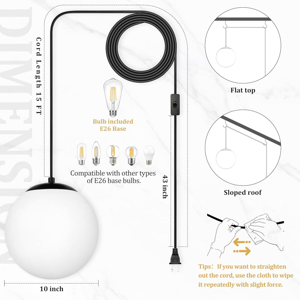 KoKo&Yukina 10" Globe Pendant Light Black Plug in Pendant Light Adjustable Hanging Lights with Plug in Cord Matte Black Finished with Milk Glass Lampshade for Bedroom Kitchen Island（Bulb Included）