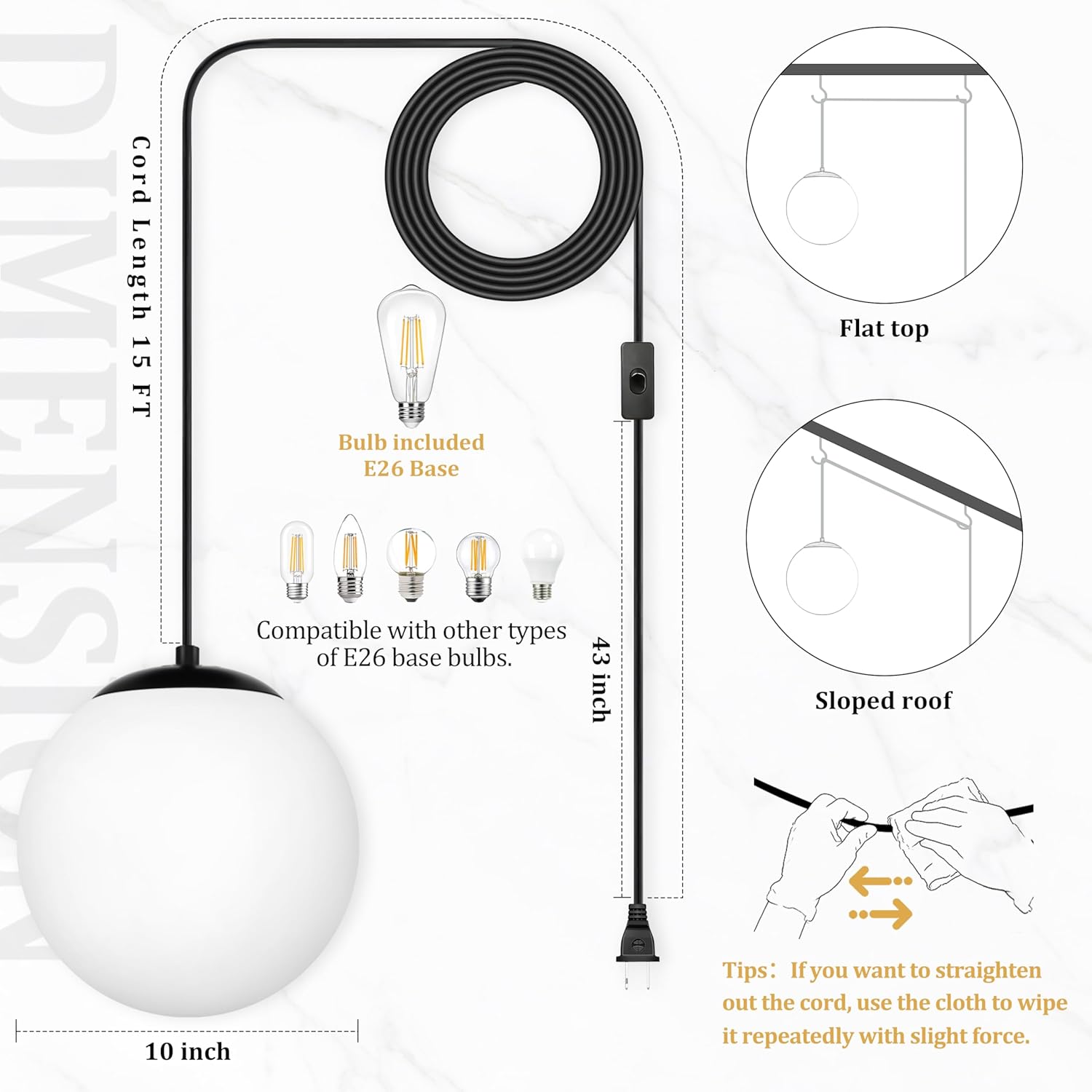 KoKo&Yukina 10" Globe Pendant Light Black Plug in Pendant Light Adjustable Hanging Lights with Plug in Cord Matte Black Finished with Milk Glass Lampshade for Bedroom Kitchen Island（Bulb Included）