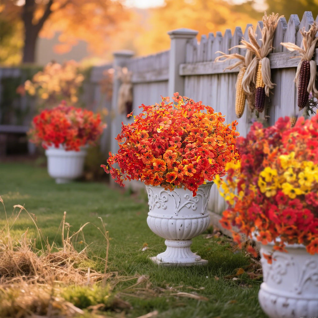 20 Bundles UV Resistant Artificial Fall Flowers Outdoor - Fake Autumn Plants for Thanksgiving Porch, Pumpkin Decor | All-Weather Faux Eucalyptus & Daisy (Fall Mix)