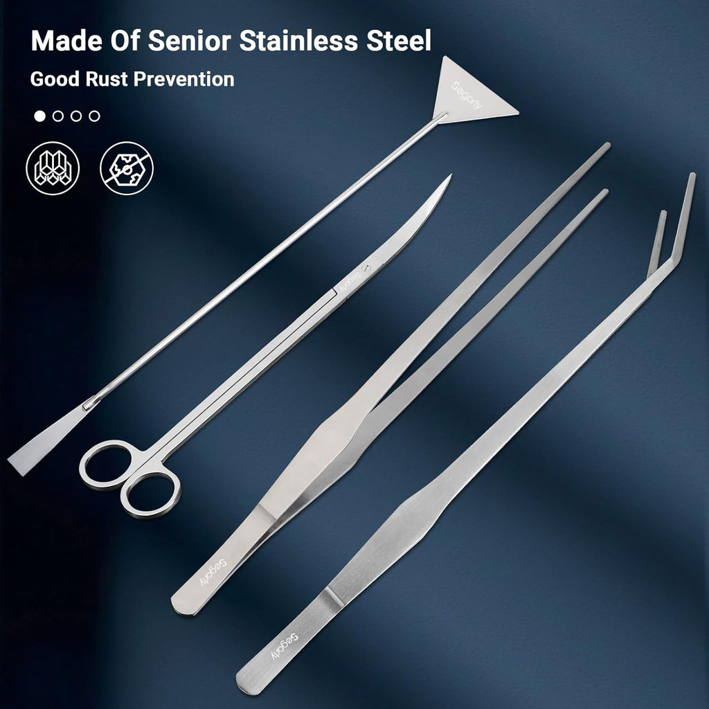 Segarty Longer Aquarium Aquascaping Tools, 4 in 1 Stainless Steel Silver Aquarium Tools Kit for Aquatic Plant Fish Tank, Scraper Spatula Feeding Tweezers Curved Scissors Anti Rust Aquascape Set