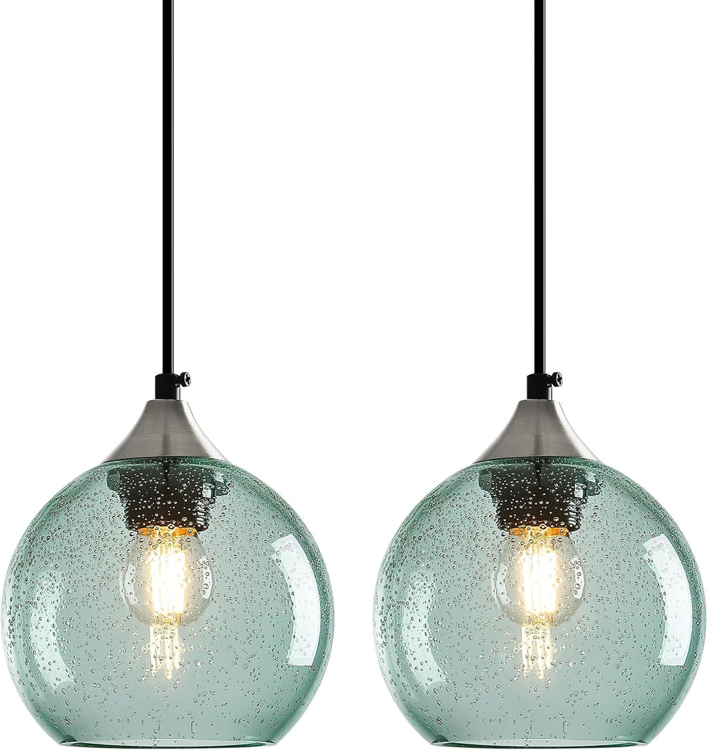 Light Green Glass Pendant Lights Kitchen Island Globe Pendant Light Fixtures Modern Pendant Lighting for Bedroom Living Dining Room Light Fixture (5.9 in, 2 Pack)