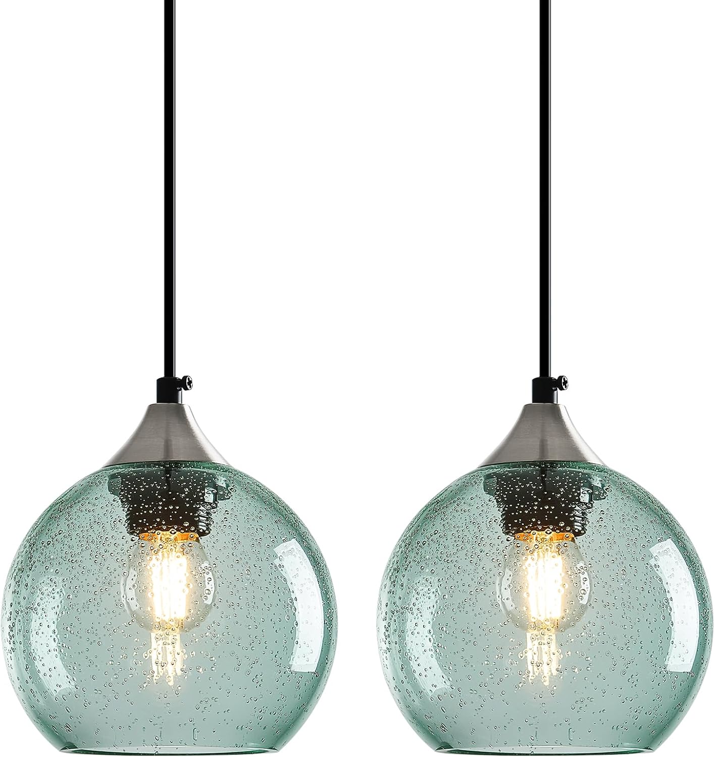 Light Green Glass Pendant Lights Kitchen Island Globe Pendant Light Fixtures Modern Pendant Lighting for Bedroom Living Dining Room Light Fixture (5.9 in, 2 Pack)