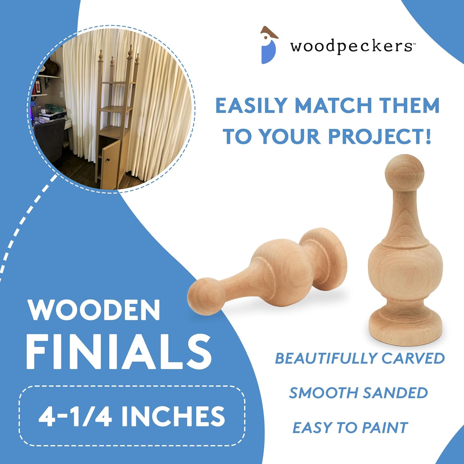 Unfinished Wood Finials Decorative, 4-1/4 inch, for Bed Post Finial, Curtain Rod Finials, Flagpole Topper, and Crafts, Pack of 6 Large Craft Finials, by Woodpeckers