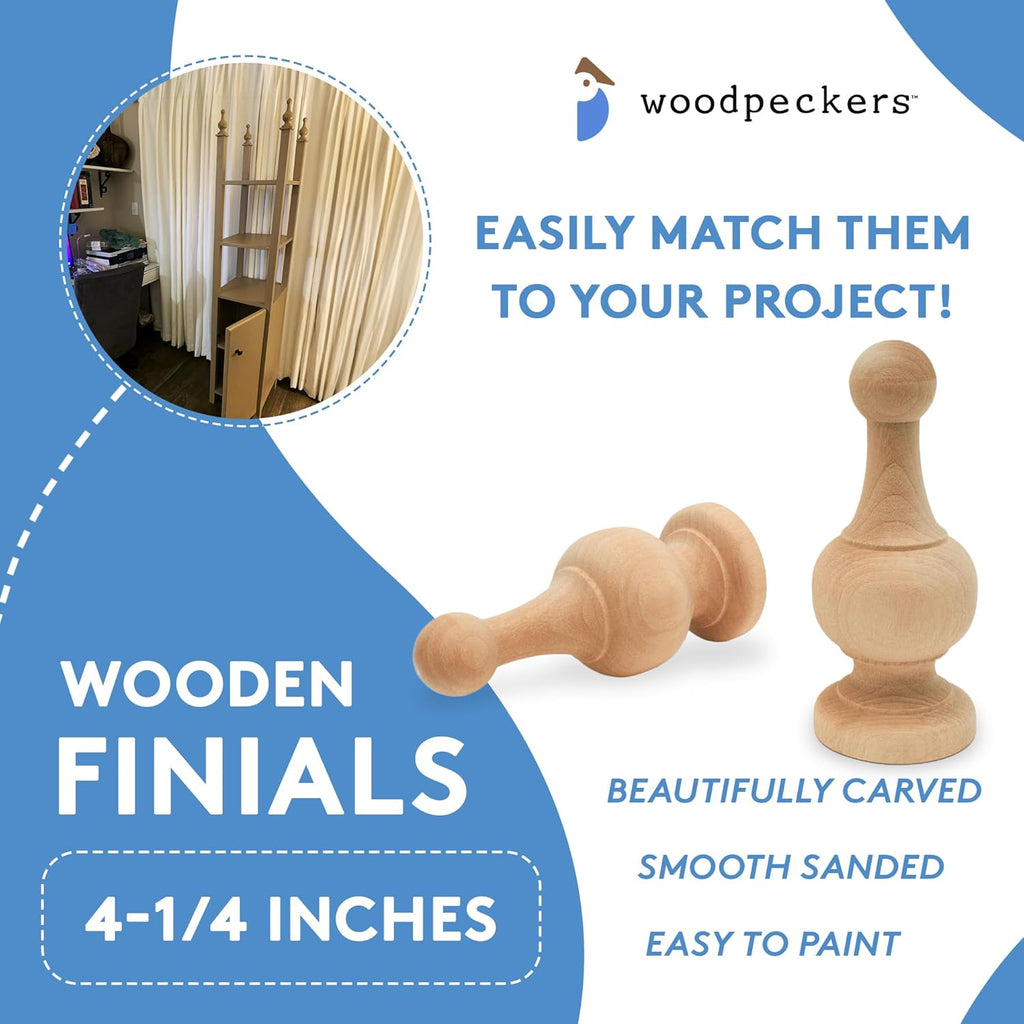 Unfinished Wood Finials Decorative, 3-1/2 inch, for Bed Post Finial, Curtain Rod Finials, Flagpole Topper, and Crafts, Pack of 2 Large Craft Finials, by Woodpeckers