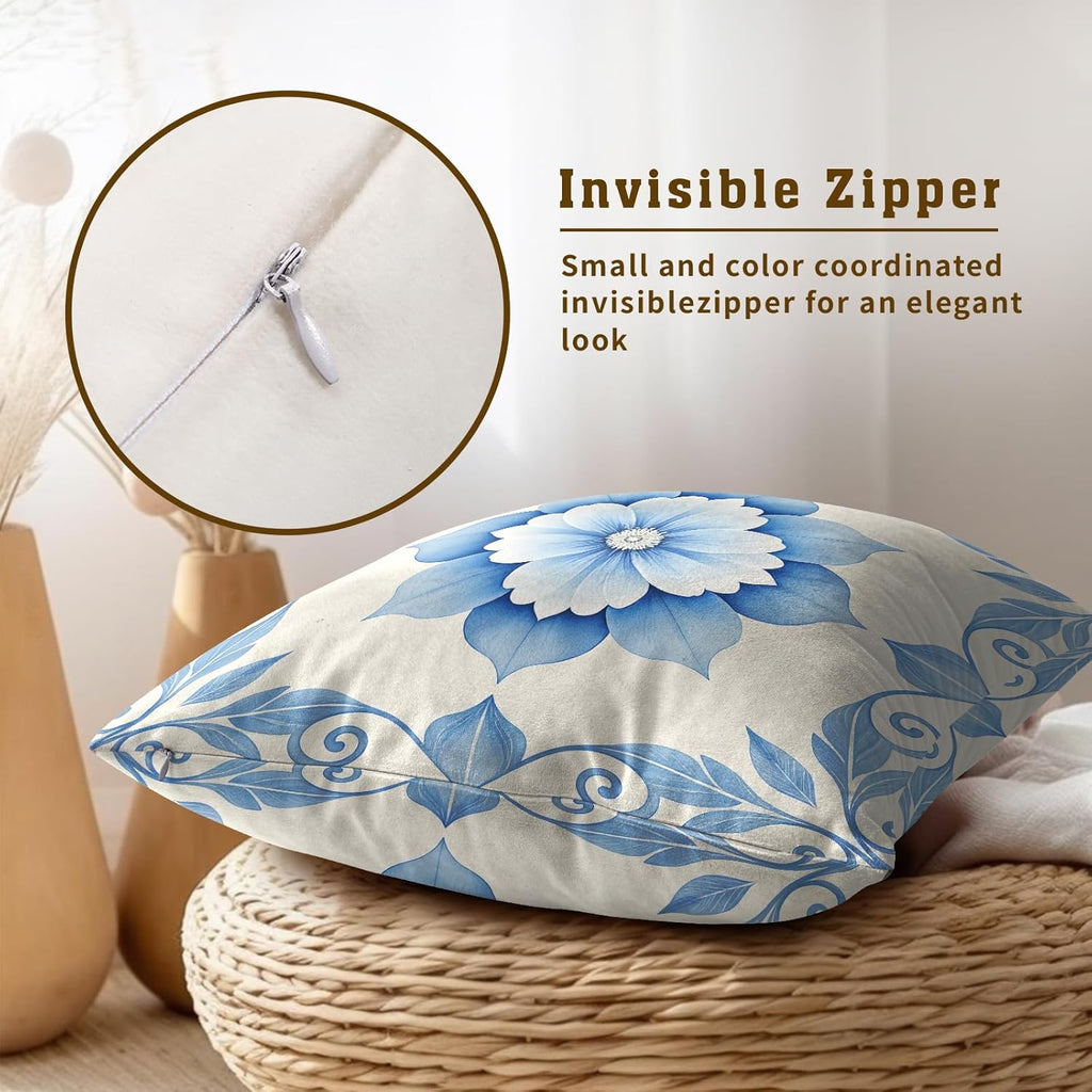 Boho Blue & White Floral Throw Pillow Covers Set of 2 Ultra-Soft All-Season Pillow Shams with Hidden Zipper,Durable for Sofa Bed Car Decor & Gift Luxury 18x18IN