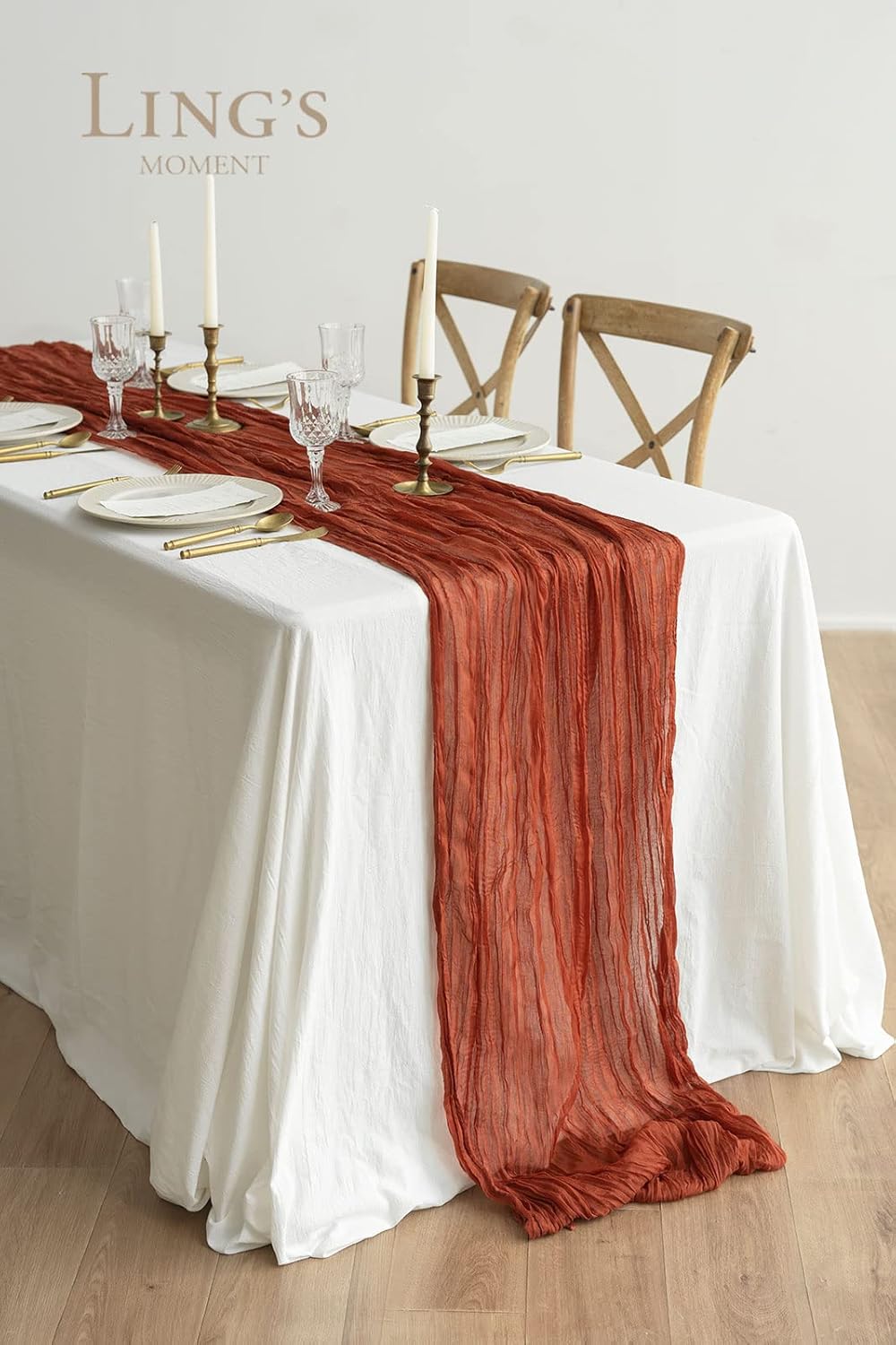 Ling's Moment 14Ft x 35" Wide Terracotta Gauze Semi-Sheer Cheesecloth Table Runner Tablecloth for Wedding Party Bridal Shower Boho Fall Table Decor Orange Rust Thanksgiving Day