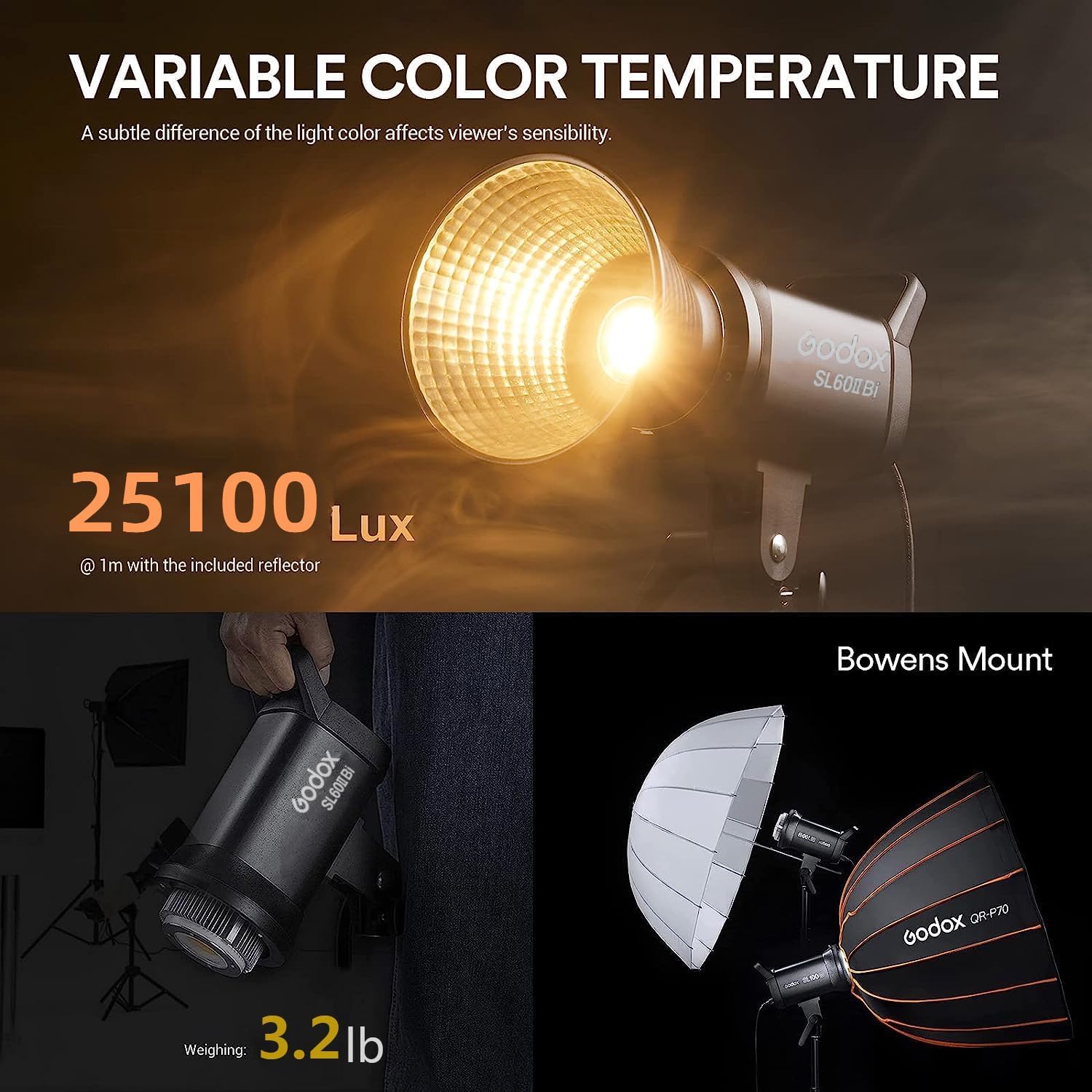 Godox SL60IIBi Bi-Color LED Video Light, 75W 2800K-6500K 25100Lux@1M CRI 96+ TLCI97+ Bowens Mount Photography Continuous Light, 11 FX Effects Studio LED Light with APP Control