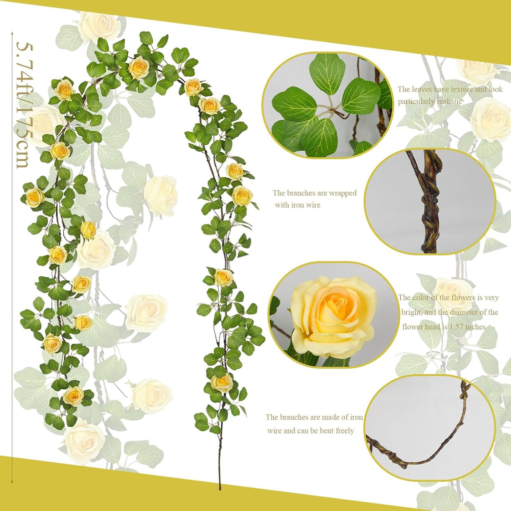 Artificial Roses Vines Flowers Garland Hanging Silk Rose Vine Floral Garland Yellow UV Resistant Realistic Faux Hanging Flowers Plants Fake Ivy Vines for Outdoor Porch Outside Decor Patio Yard